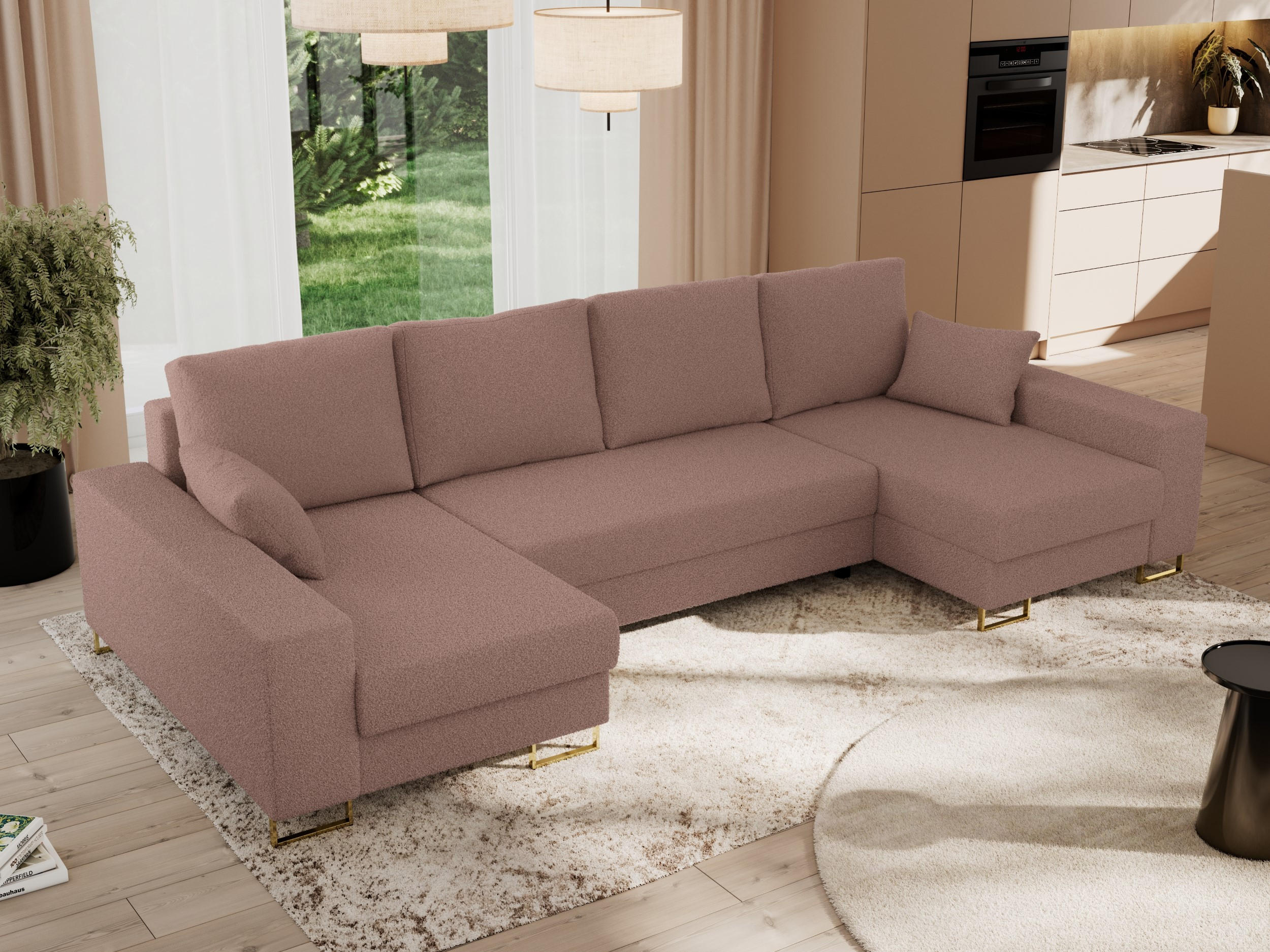 WOHNLANDSCHAFT DORIAN U Bouclé Rosa - Goldfarben/Rosa, Textil/Metall (312/95/138cm) - MKS