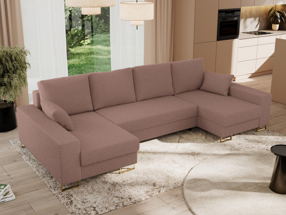 WOHNLANDSCHAFT DORIAN U Bouclé Rosa - Goldfarben/Rosa, Textil/Metall (312/95/138cm) - MKS