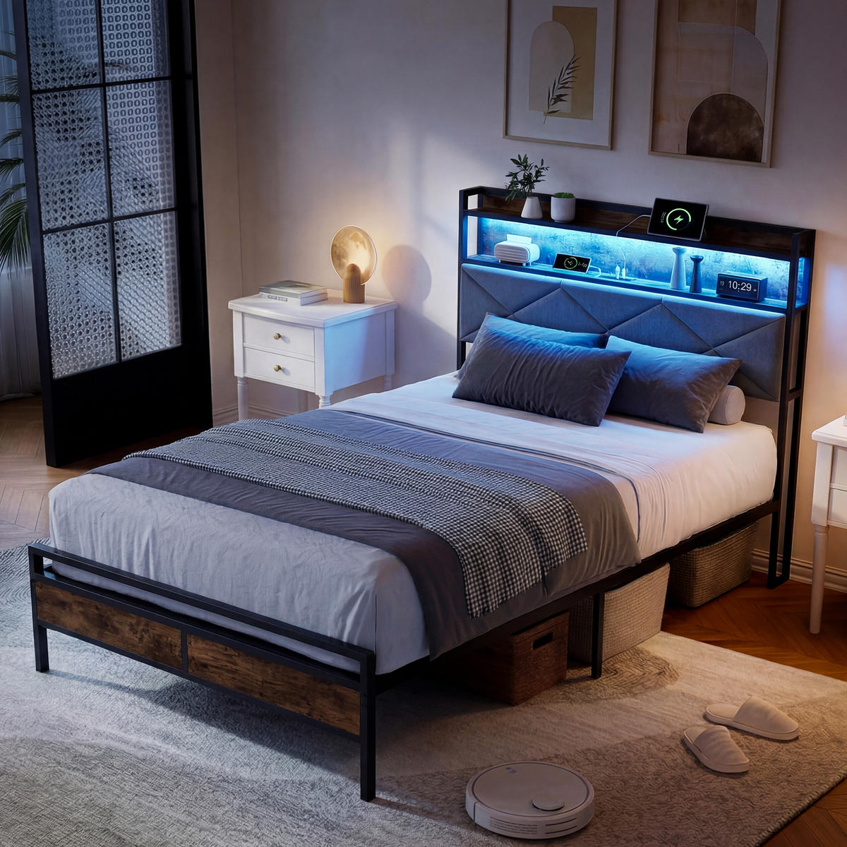 METALLBETT 90x200 cm mit LED, USB & Ablage, Grau - Grau, Metall (90/200cm) - EuroLiving