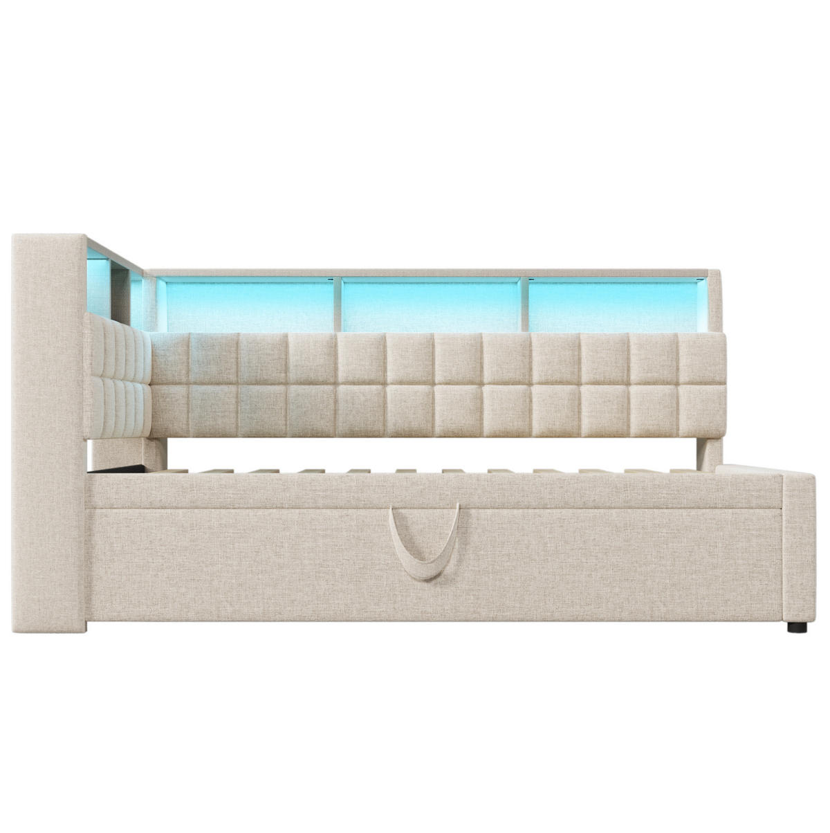 POLSTERBETT 90/200 cm mit Ausziehbett, LED, Bluetooth-Lautsprecher, USB-A/USB-C und Stauraum, Leinenoptik, Beige - Beige, Textil (90/200cm) - Redom