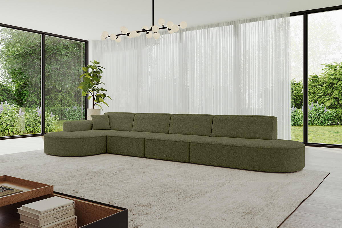 ECKSOFA Ottomane Links MARI-L3 - 402x163x73,5 cm Grün Bouclé - Schwarz/Grün, Holzwerkstoff/Kunststoff (165/406cm) - ALTDECOR