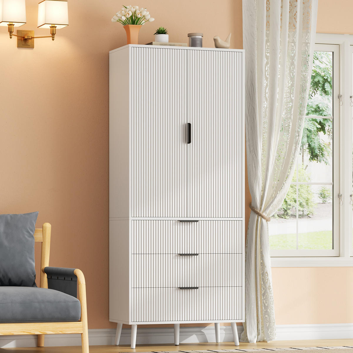 HIGHBOARD DE-38756 75/35/180 cm 2 Türen und 3 Schubladen Weiß - Weiß, Holzwerkstoff (75/180/35cm) - ComfortXL
