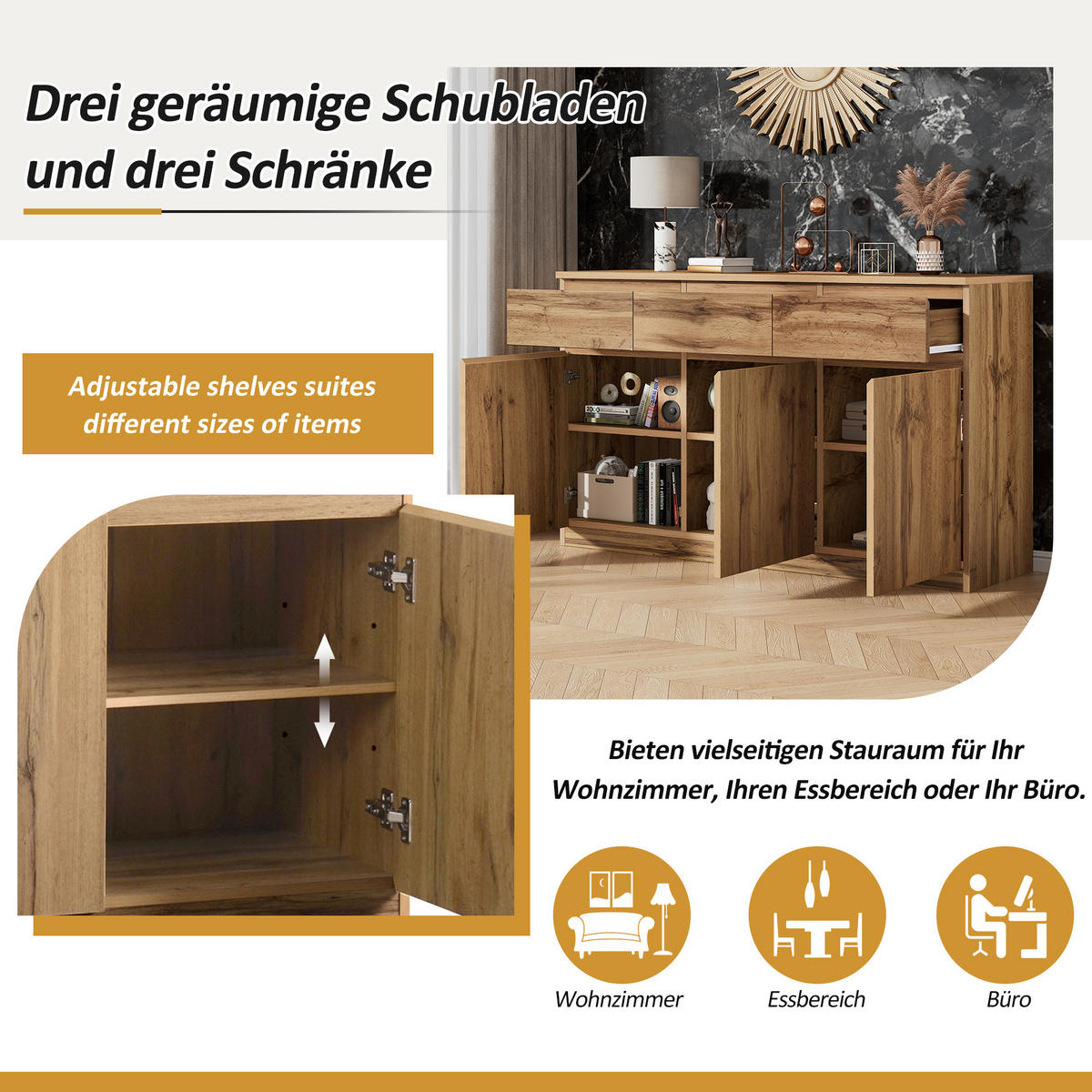 SIDEBOARD in Naturfarben Anrichte mit 3 Türen und 3 Schubladen für Wohnzimmer, B135/T40/H81cm - Naturfarben, Holzwerkstoff (135/81/40cm) - STILVORA