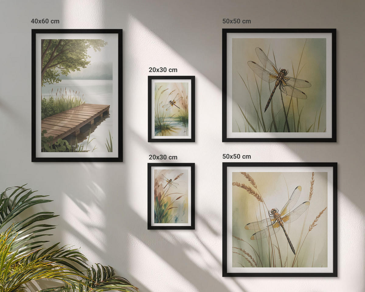 WANDBILDER 5er-Set - 50x50 cm & 20x30 cm & 40x60 cm Schwarzer Rahmen - Libellengräser über dem Wasser - Schwarz, Kunststoff (40/60cm) - ArtPrintCave