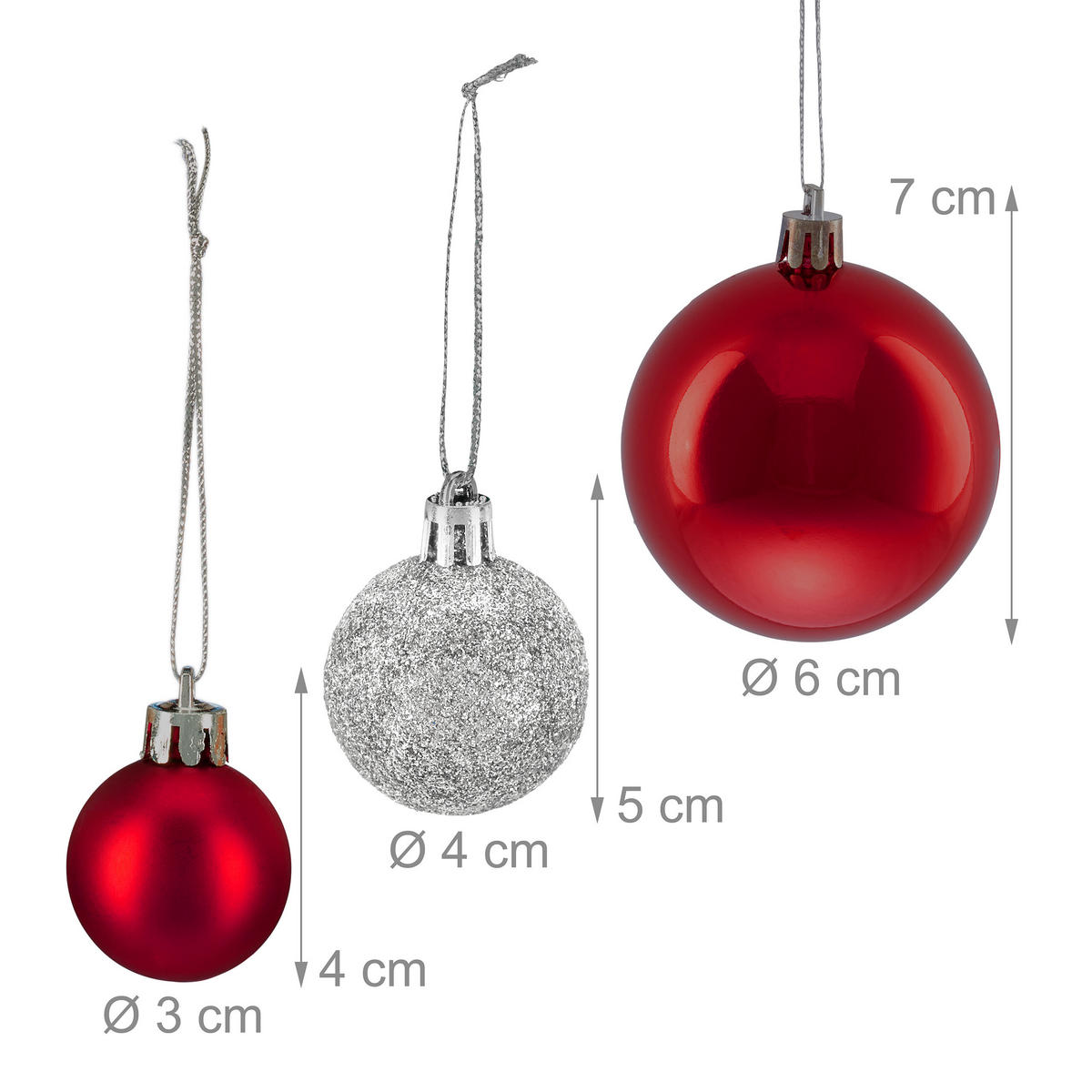 WEIHNACHTSKUGELN Silber Rot Set-100 - Rot/Silberfarben, Kunststoff (6/7/6cm) - Relaxdays