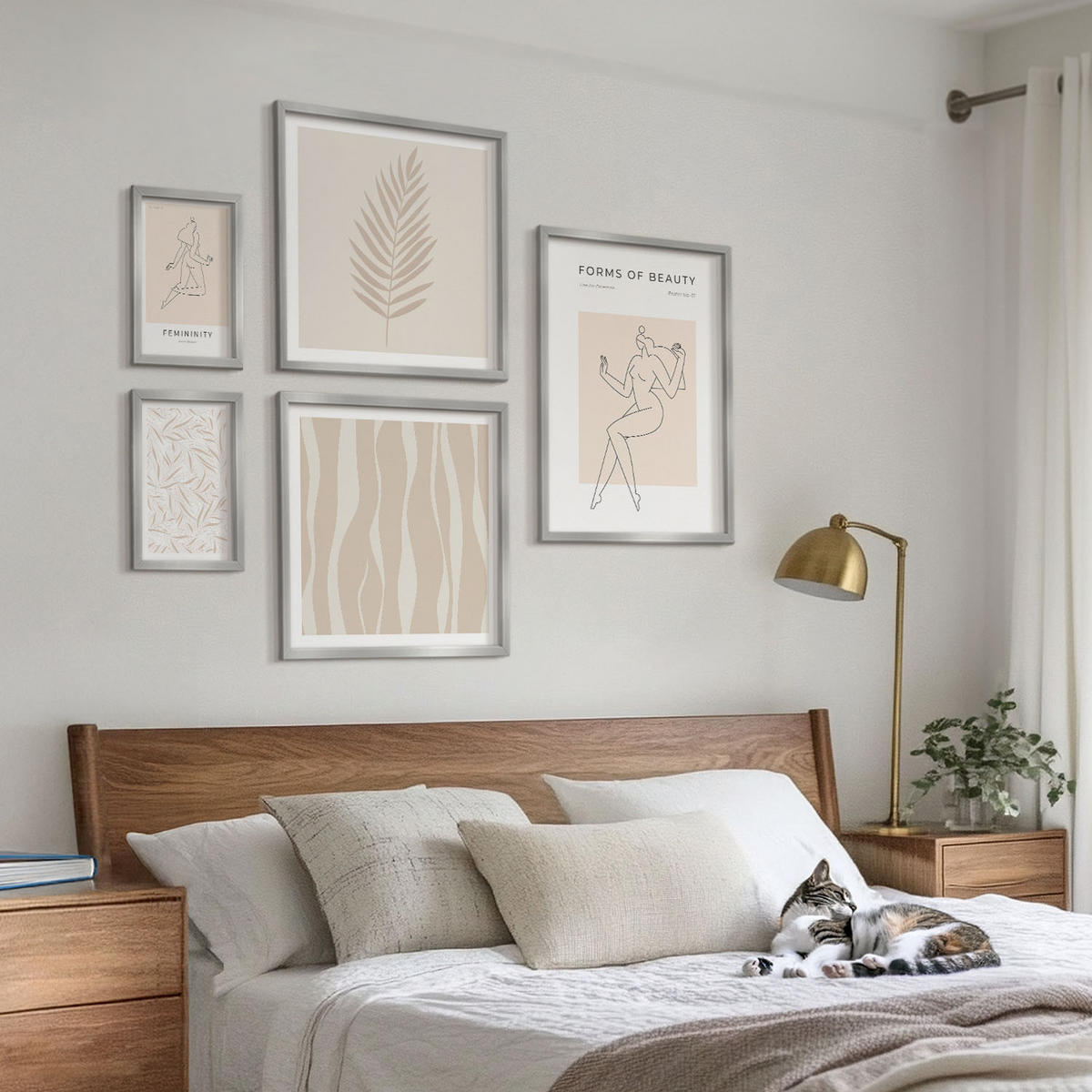 WANDBILDER 5er Set - 50x50 cm & 20x30 cm & 40x60 cm Silberner Rahmen - Minimalistische Pflanzenmotive - Silberfarben, Kunststoff (40/60cm) - ArtPrintCave
