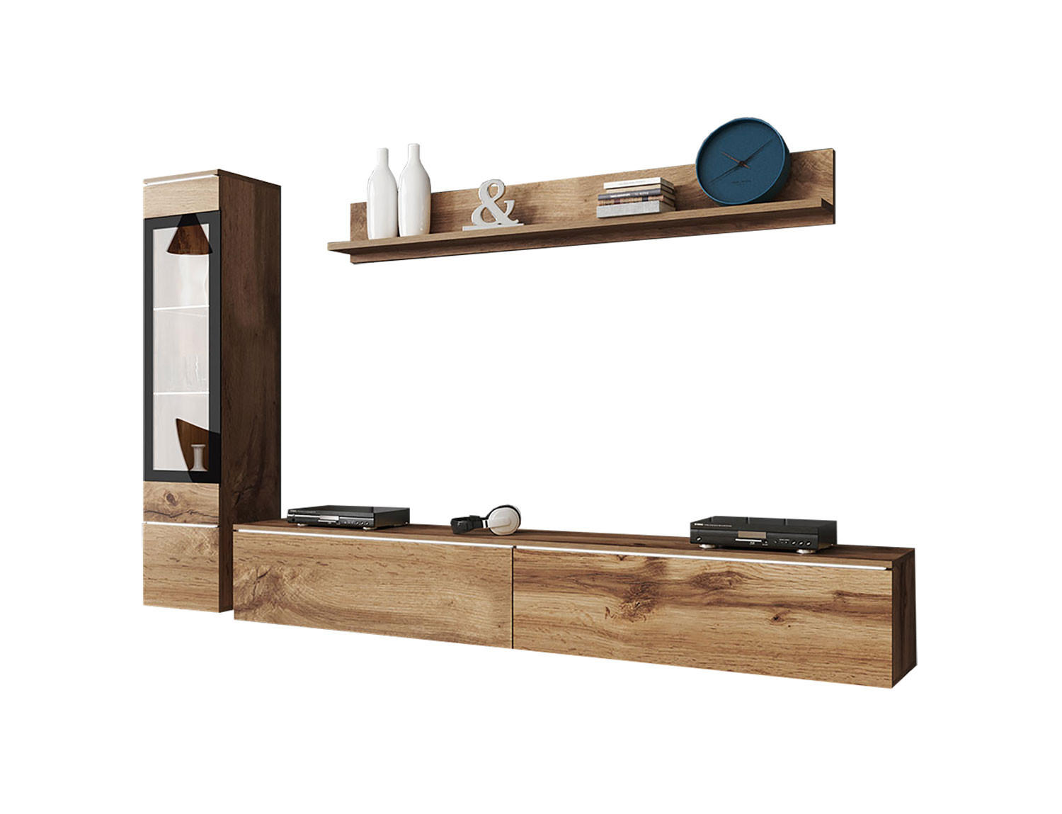 WOHNWAND Vera eiche wotan 3-teilig - Eiche Wotan/Braun, Holz/Holzwerkstoff (210/130/33cm) - Feldmann-Wohnen
