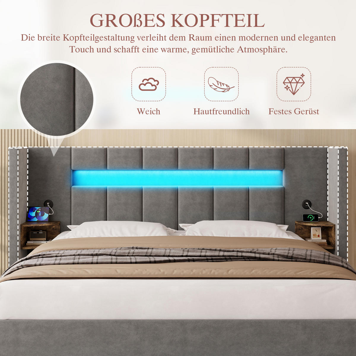 BETT mit Stauraum, USB & LED 180x200 cm Samt Dunkelgrau - Dunkelgrau, Metall (180/200cm) - Meubliv