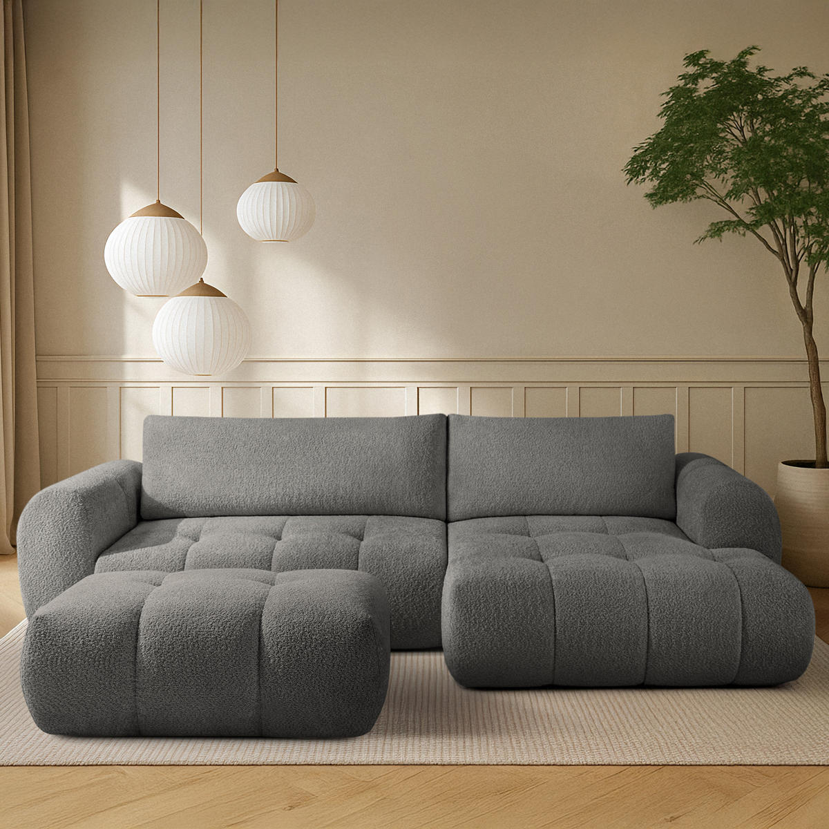 ECKSOFA MIT HOCKER LIRA, Dunkelgrau, Bouclé - Dunkelgrau, Holz/Holzwerkstoff (96/50cm) - KONSIMO®