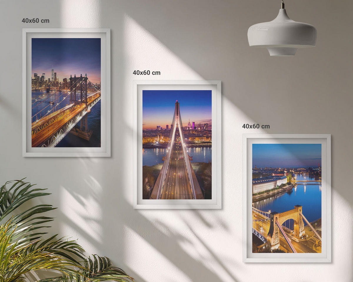 BILDER SET 3er Set - 40x60 cm Weißer Rahmen - Städte bei Nacht, Brücken, Flüsse - Weiß, Kunststoff (40/60cm) - TULUP