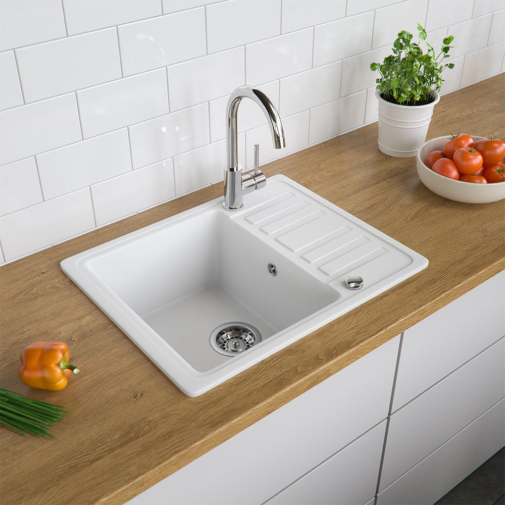 SPÜLBECKEN Weiß 57.5 x 46 cm mit Trockenplatz - Weiß, Keramik (57.5/19/46cm) - Bergstroem