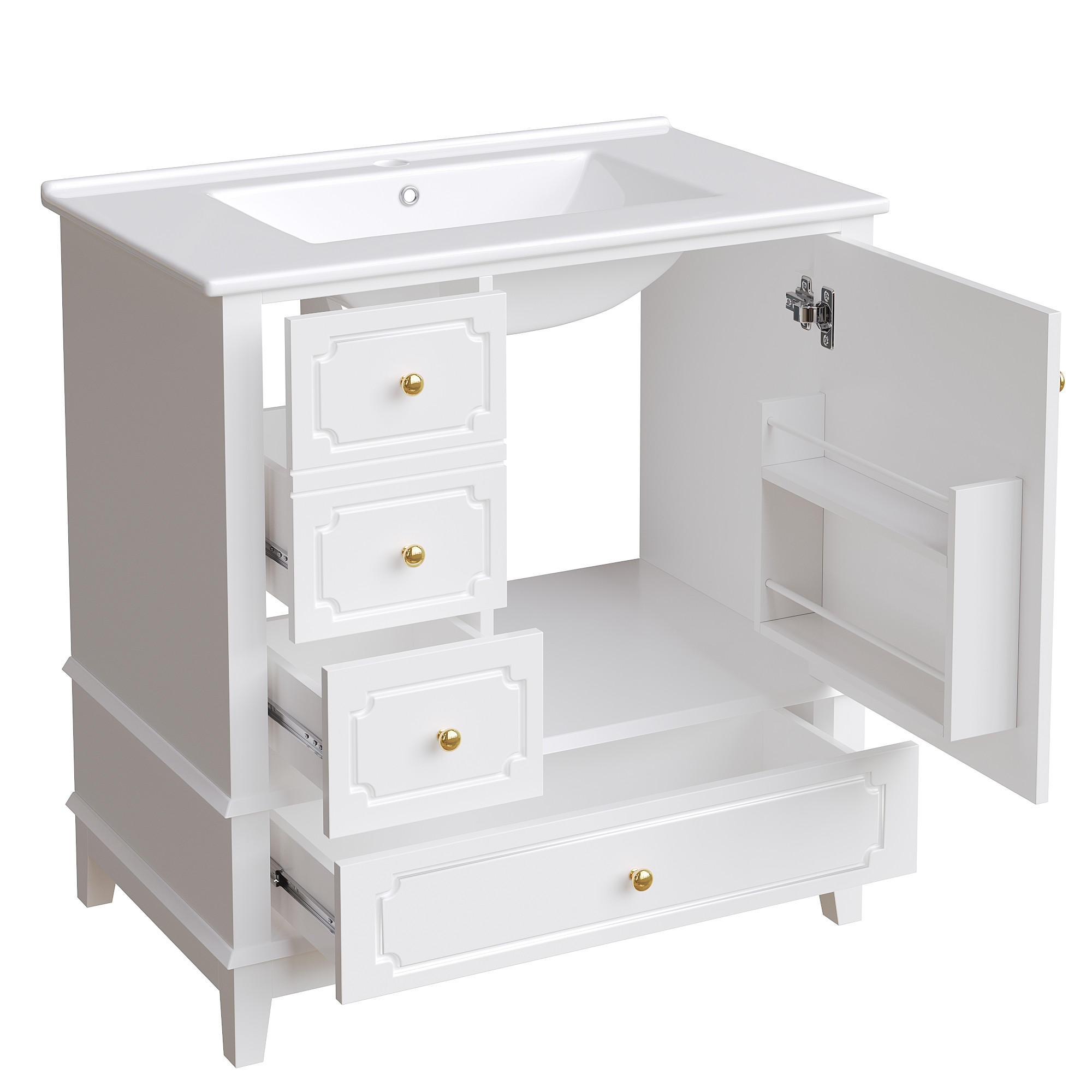 WASCHBECKENUNTERSCHRANK Waschtischunterschrank mit Keramikbecken, Schubladen und Türfach,vorgebohrtes Hahnloch, MDF - Weiß, Holzwerkstoff (76.5/87.5/47cm) - EVRYAE