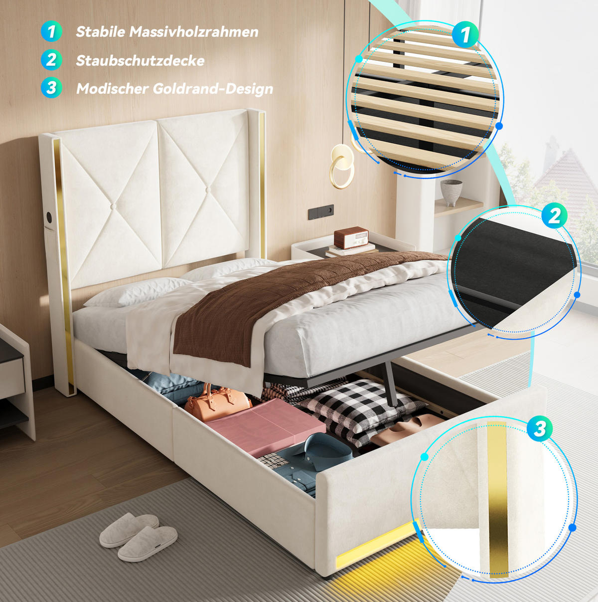 POLSTERBETT 90/200 cm mit USB, Type-C, LED und hydraulischem Bettkasten, Samt mit Seitentaschen, Beige - Beige, Textil (90/200cm) - Redom