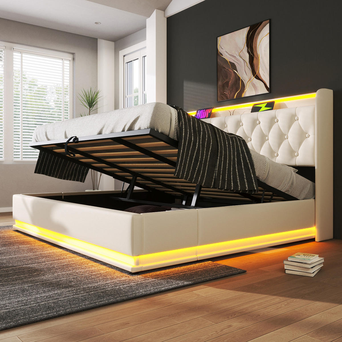 POLSTERBETT 180X200 cm mit LED Kopfteil und USB C Stauraum - Weiß, Holz (180/200cm) - FLIEKS