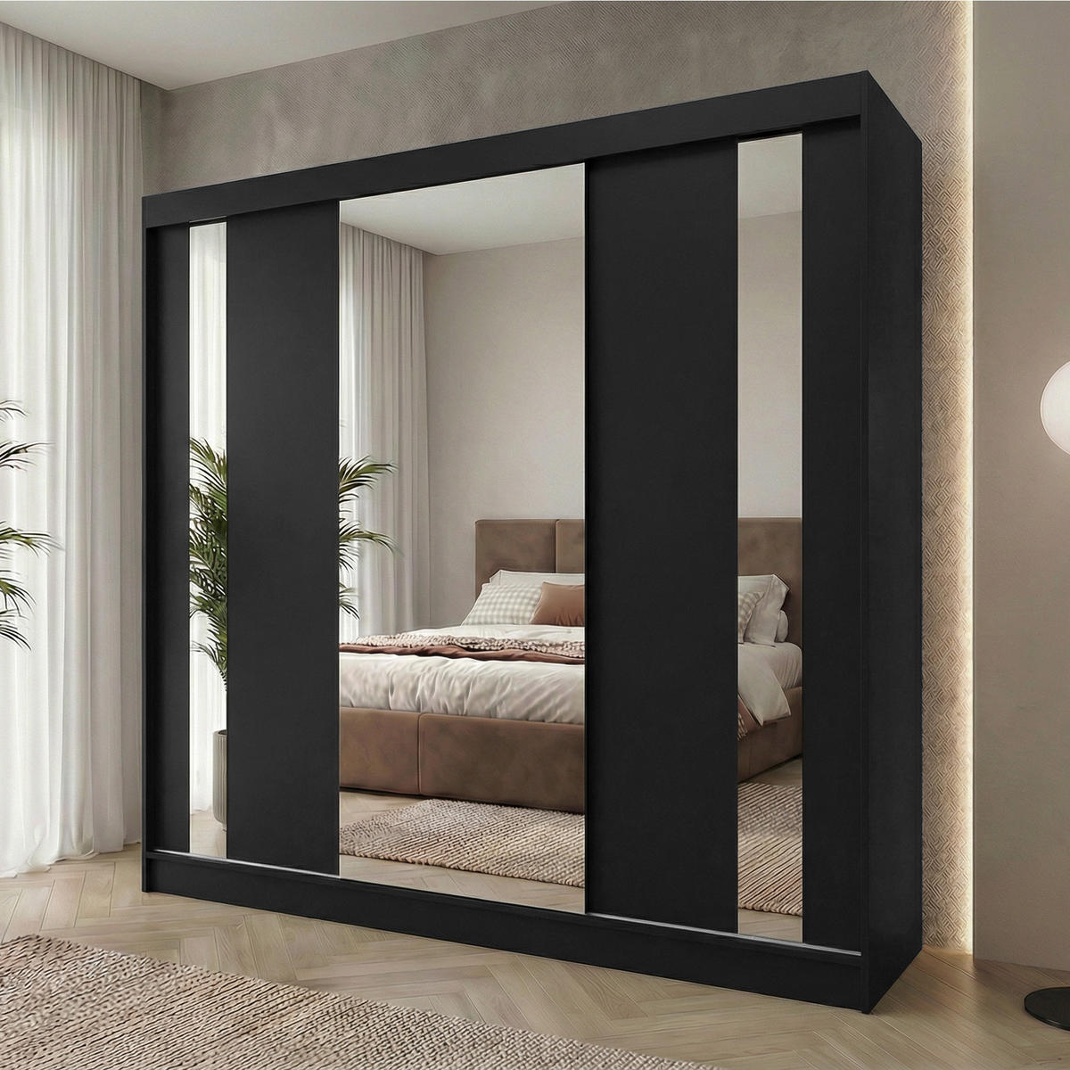SCHWEBETÜRENSCHRANK Gaja 240/216/61 schwarz mit Spiegel und Schubladen - Schwarz, Holzwerkstoff (240/216/61cm) - Beautysofa