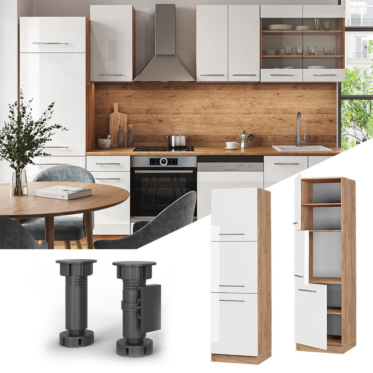 HERDUMBAUSCHRANK Fame-Line Weiß Hochglanz 60 cm - Honigeiche/Weiß Hochglanz, Holzwerkstoff (60/206.8/58cm) - Vicco