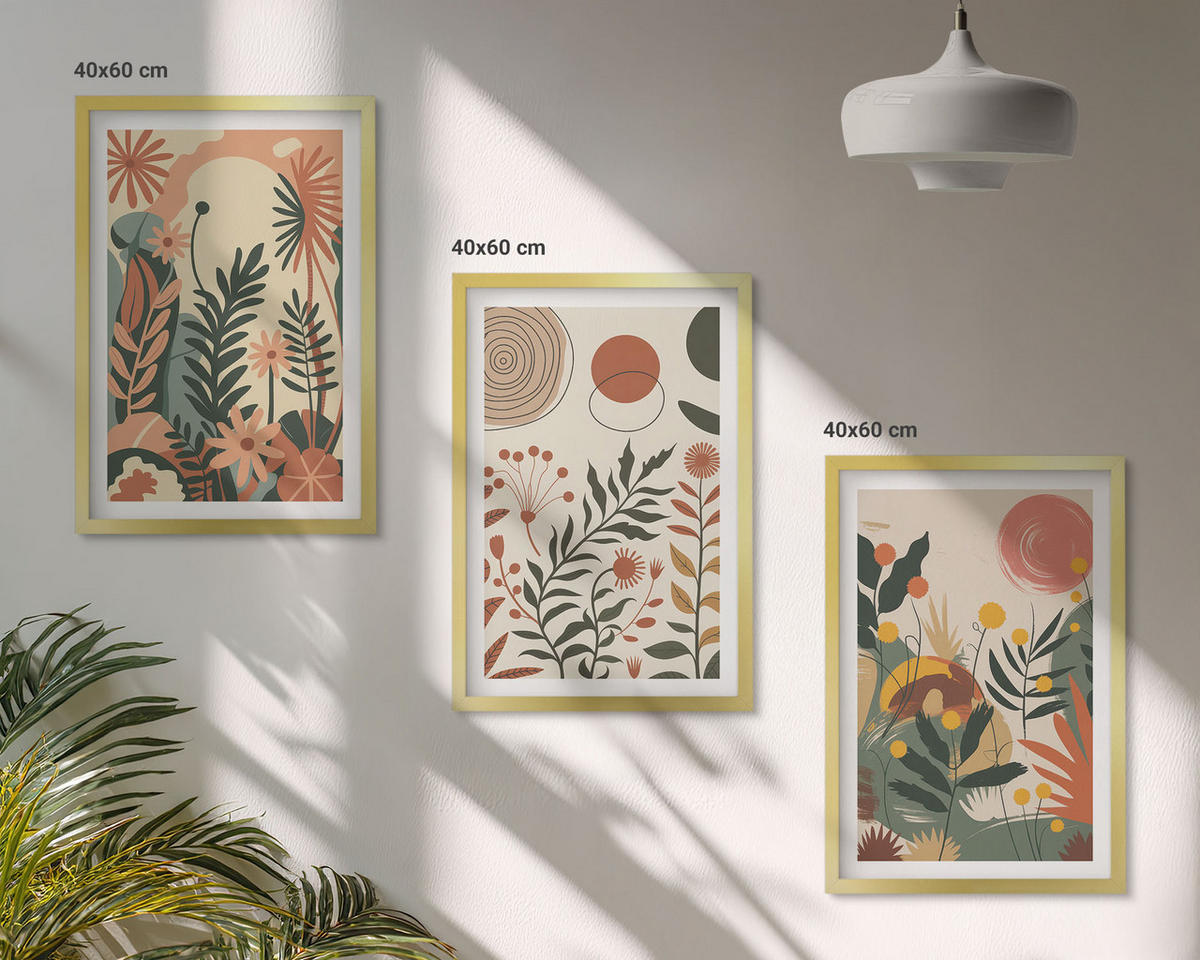 BILDER SET 3er Set - 40x60 cm Goldrahmen - Vintage-Pflanzenmuster in Pastellfarben - Goldfarben, Kunststoff (40/60cm) - TULUP