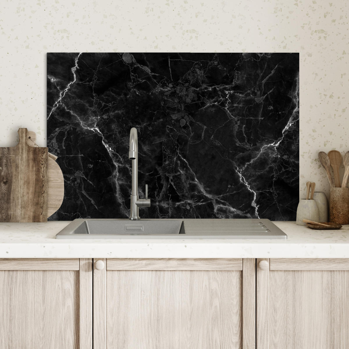 SPRITZSCHUTZ KÜCHE Marmor - Schwarz - Weiß - Textur - Marmoroptik 60x40 cm - Silberfarben, Metall (60/0.3/40cm) - MuchoWow