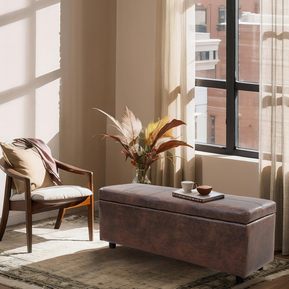 TRUHENBANK Bukit - Braun, Holz/Kunststoff (118/43/37cm) - [en.casa]