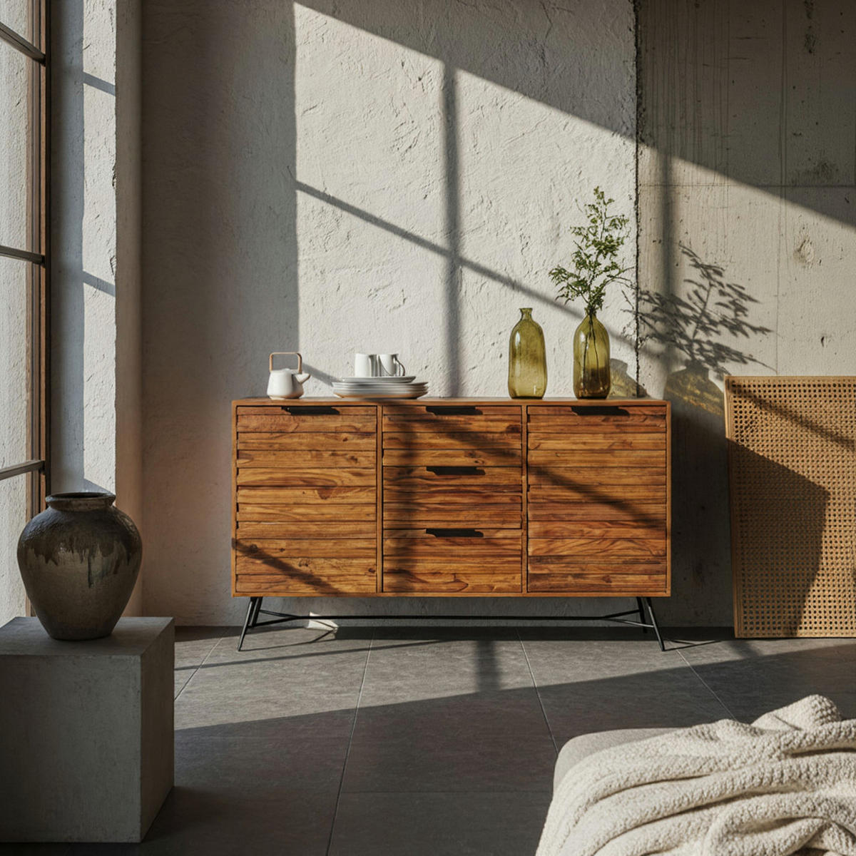 SIDEBOARD – FORMIO, Massivholz, 160x40x88 cm, Industrial-Stil - Schwarz/Braun, Holz/Metall (160/88/40cm) - KADIMA DESIGN