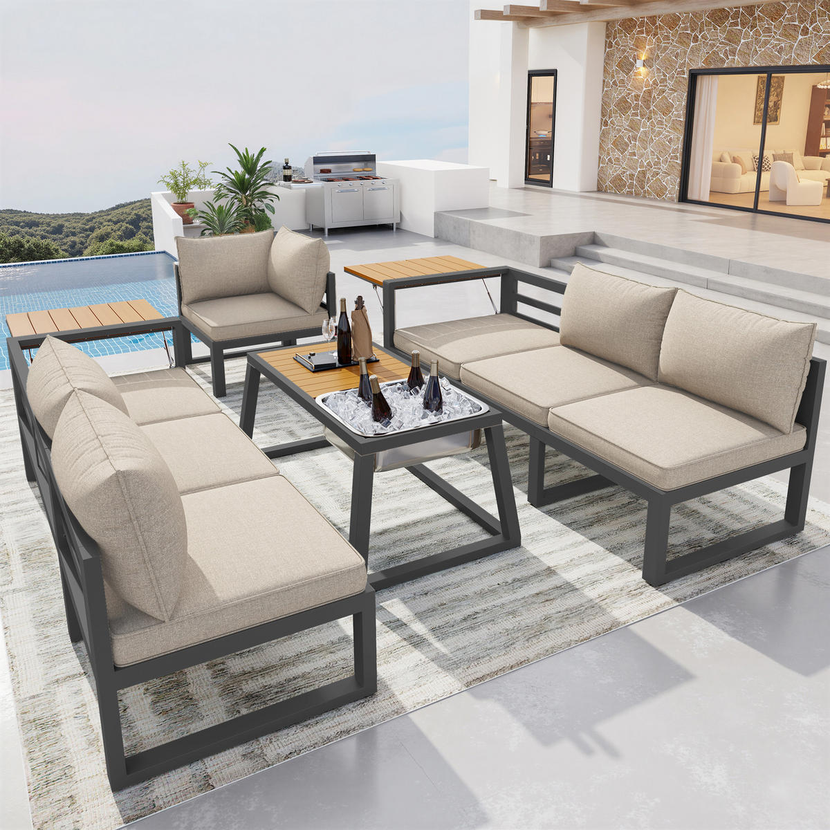GARTENLOUNGE Grau Beige modular verstellbar Metall Eisbehälter Kissen - Beige, Metall - FLIEKS