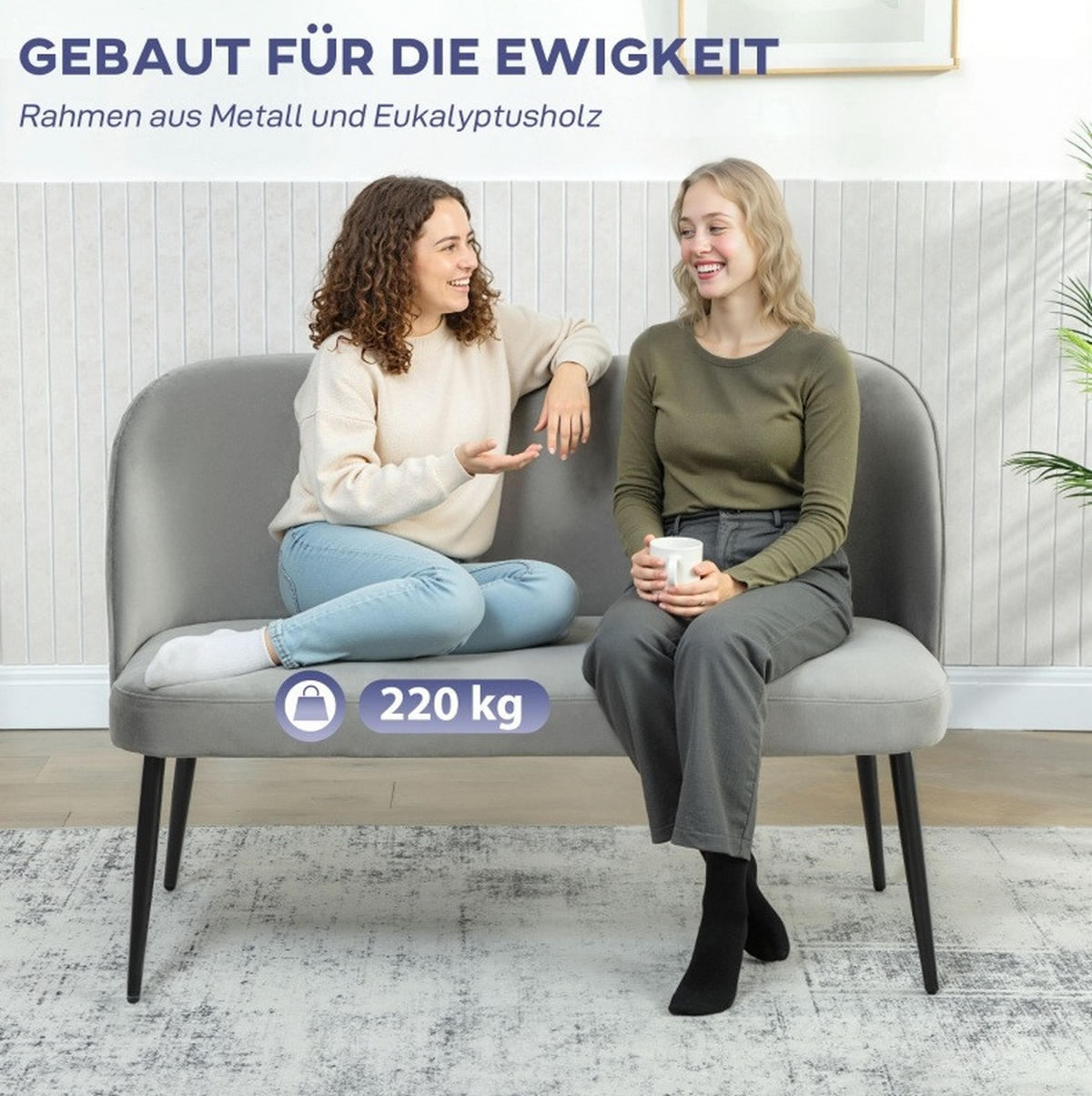 2-SITZER 127/63/84.5 cm Grau aus Metall und Eukalyptusholz - Grau, Metall (63/84.5/127cm) - OKMYHOME