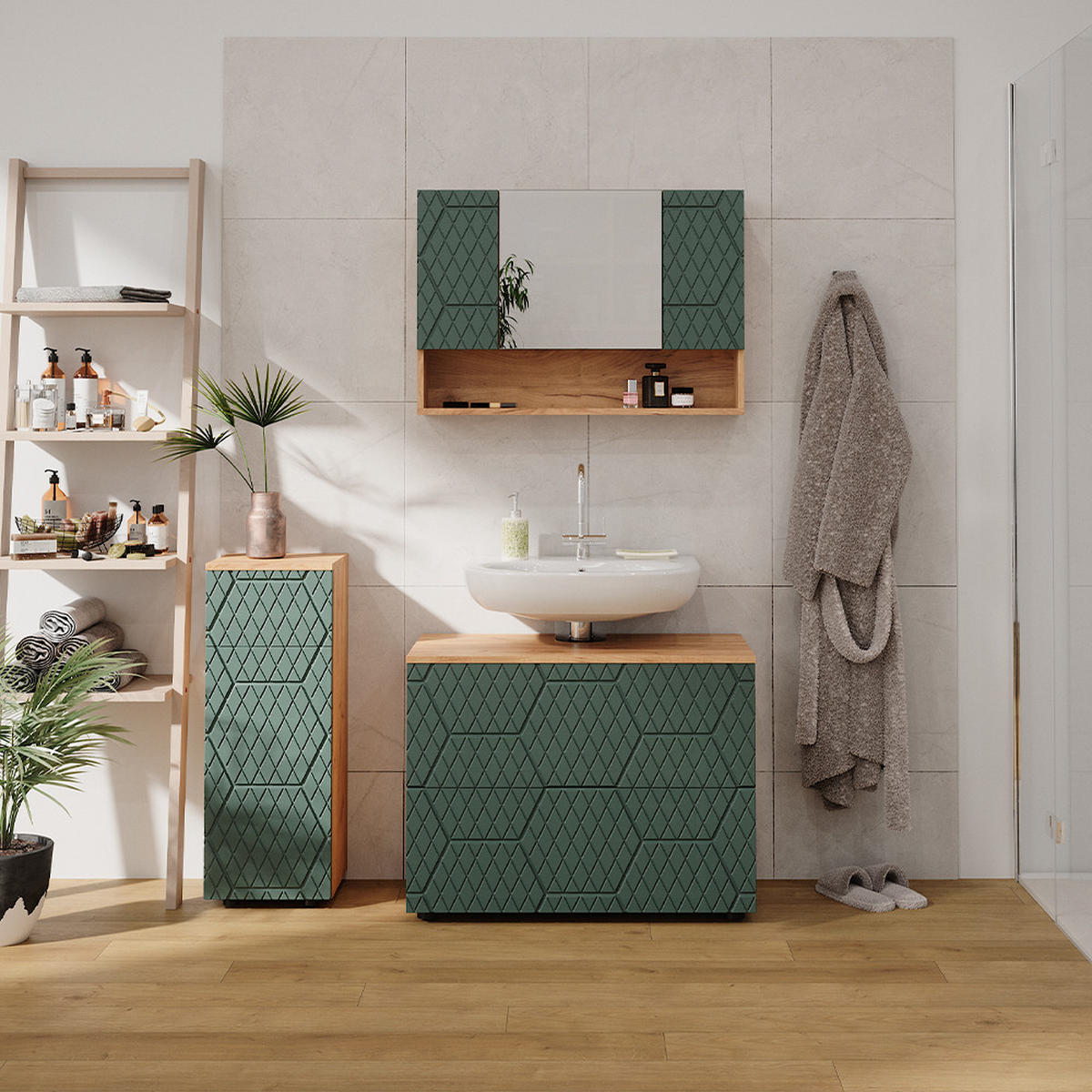 BADMÖBEL-SET Irma Grün 3 Teile, mit Schubladenschrank und Midischrank - Eiche Wotan/Grün, Holzwerkstoff (80/58.6/41cm) - Vicco