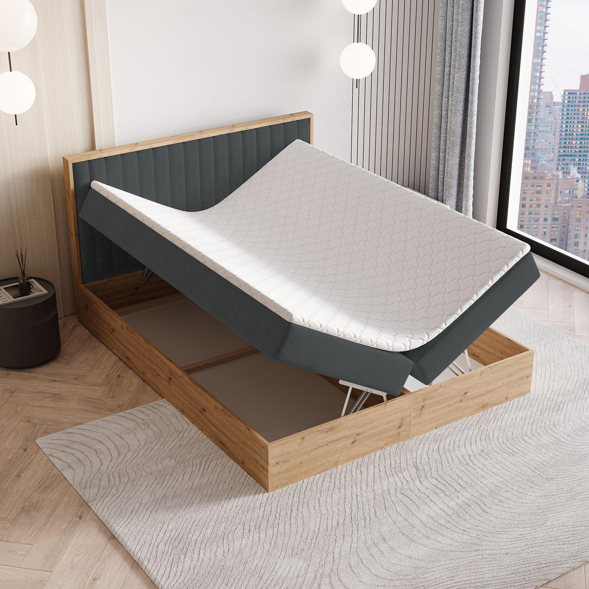 BOXBETT VARELI 160x200 cm mit Matratze und Topper - Graphitfarben - Graphitfarben, Holz (160/200cm) - MASSENO