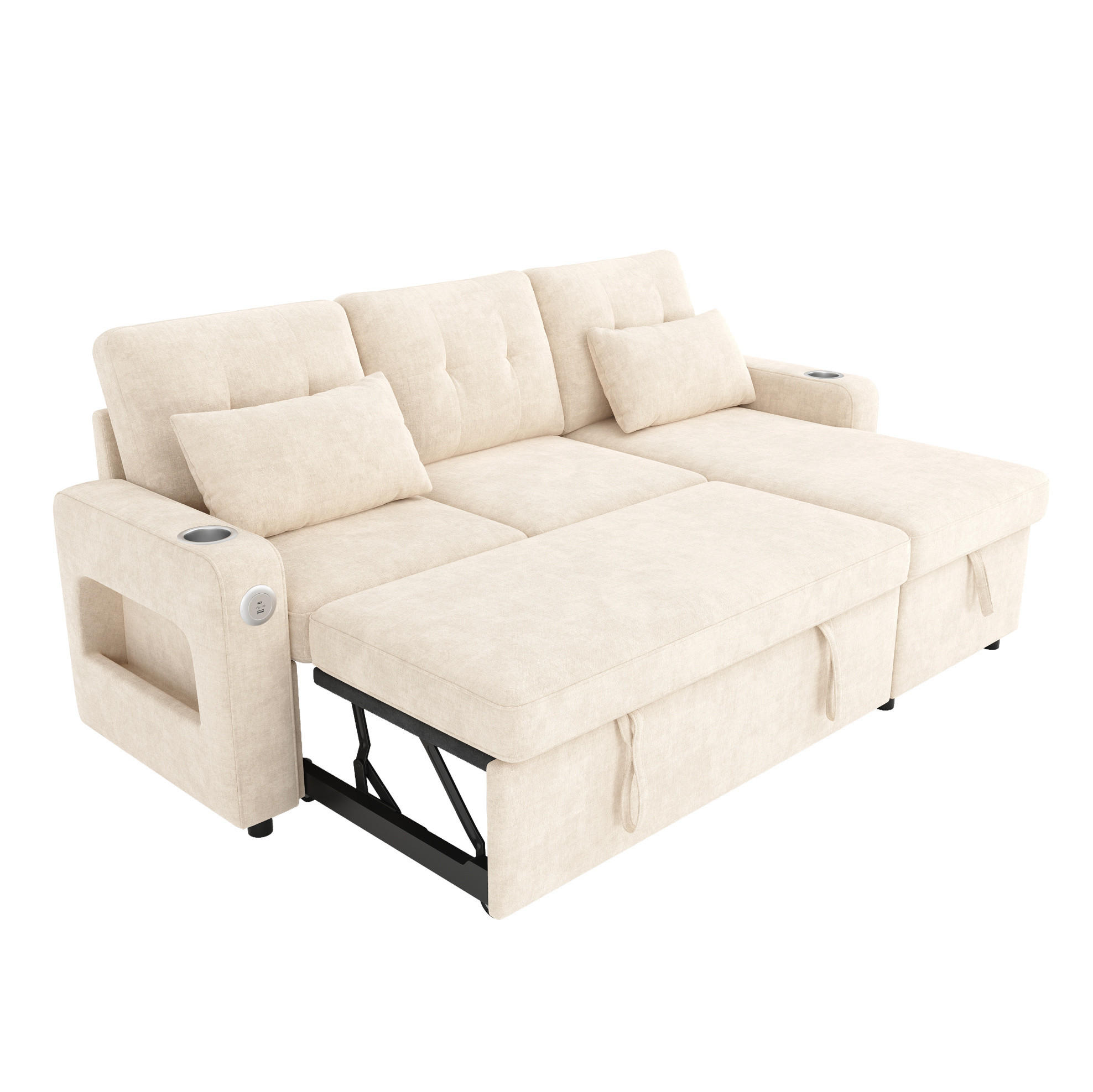 ROHOVÁ rozkladacia pohovka z chenillu, 206/131/85 cm béžová, s úložným priestorom a LED - béžová, textil (131/85/206cm) - BEAOK