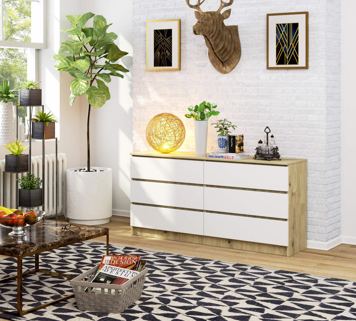 KOMMODE Eiche Artisan, Weiß 77/160/40 - Eiche Artisan/Weiß, Holzwerkstoff (160/77/40cm) - RAUMHIRSCH FURNITURE