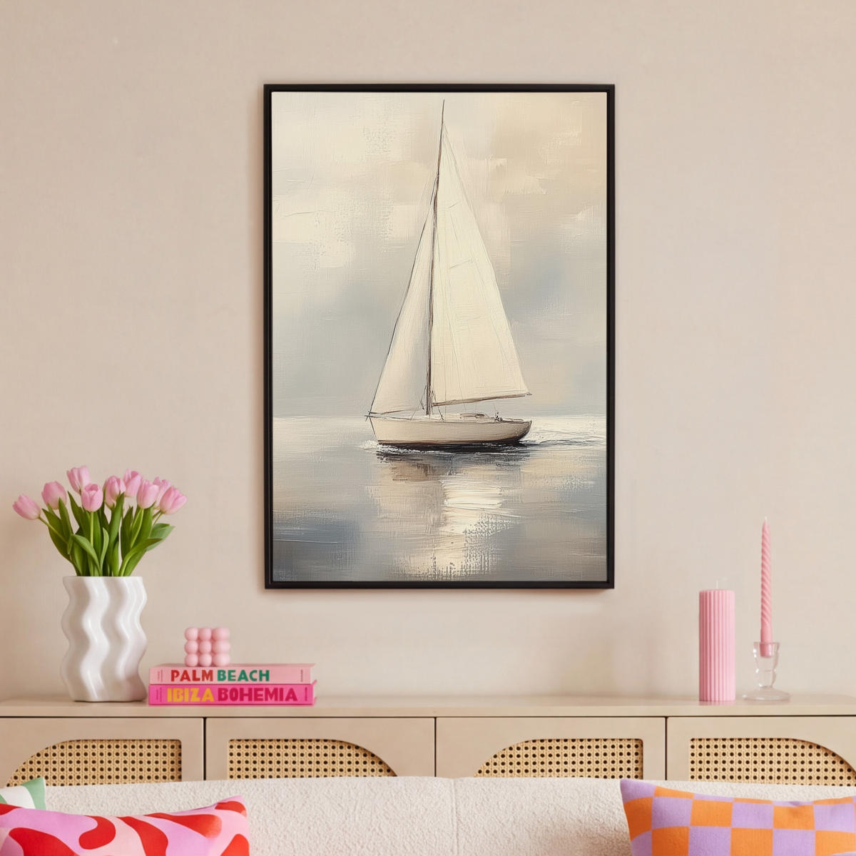 LEINWAND Bilder mit Rahmen - Segelschiff - Meer - Bewölkt - 60x90 - Creme, Textil (60/90cm) - MuchoWow