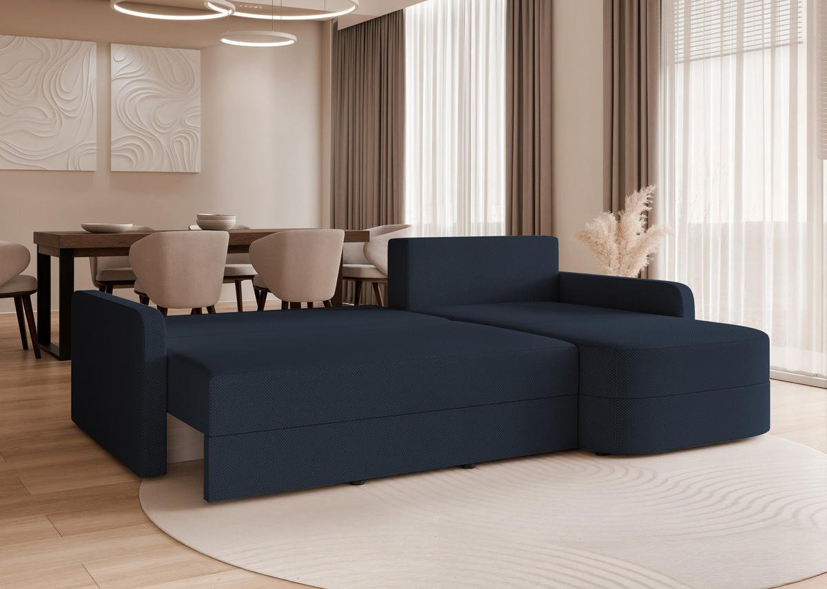 ECKSOFA CERIS mit Schlaffunktion und Bettkasten Marineblau - Dunkelblau, Holzwerkstoff/Kunststoff (250/90cm) - Idohome