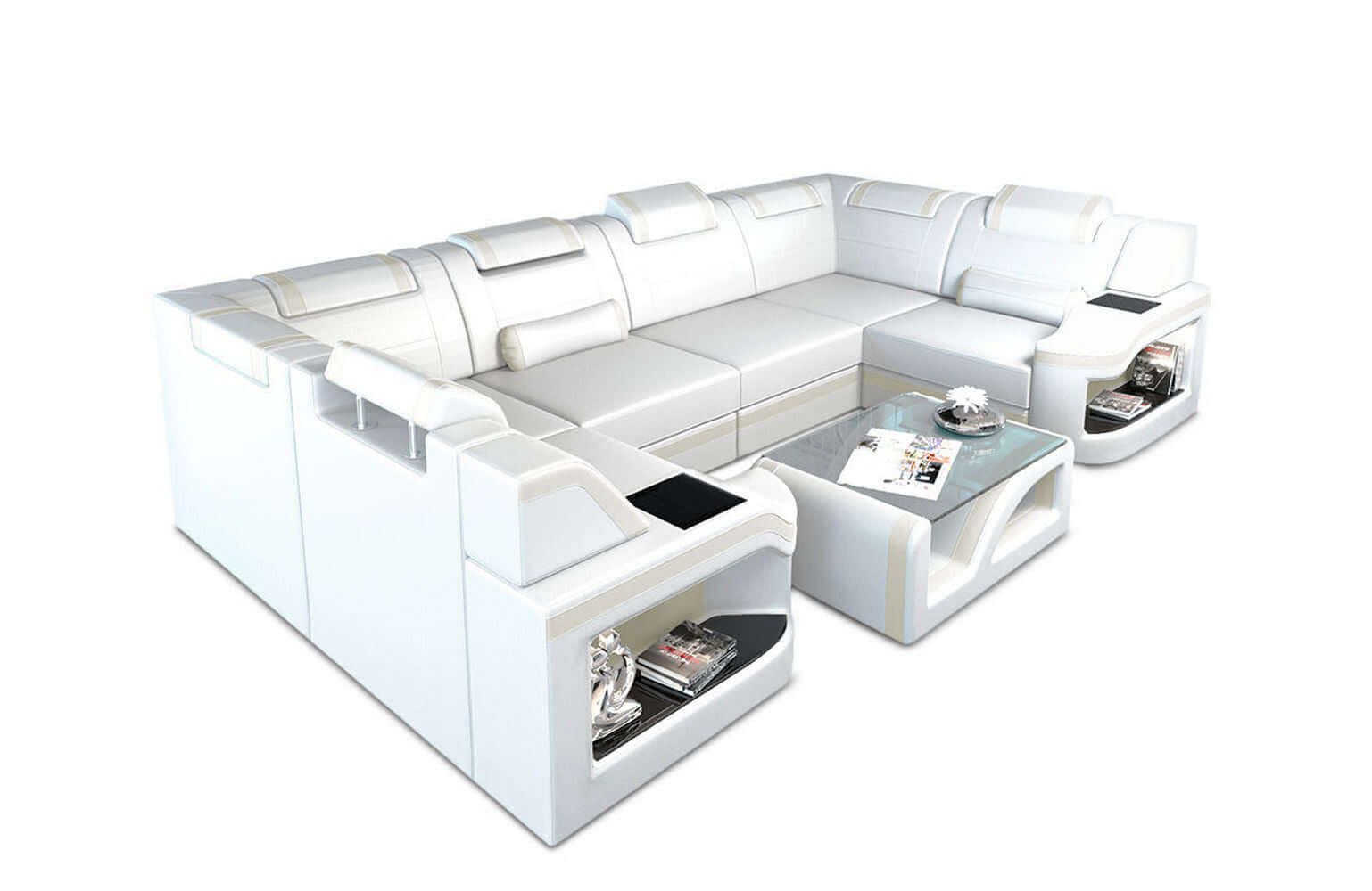 WOHNLANDSCHAFT Sofa Padua U Weiß Beige Echtleder - Weiß, Leder (308/80/185cm)