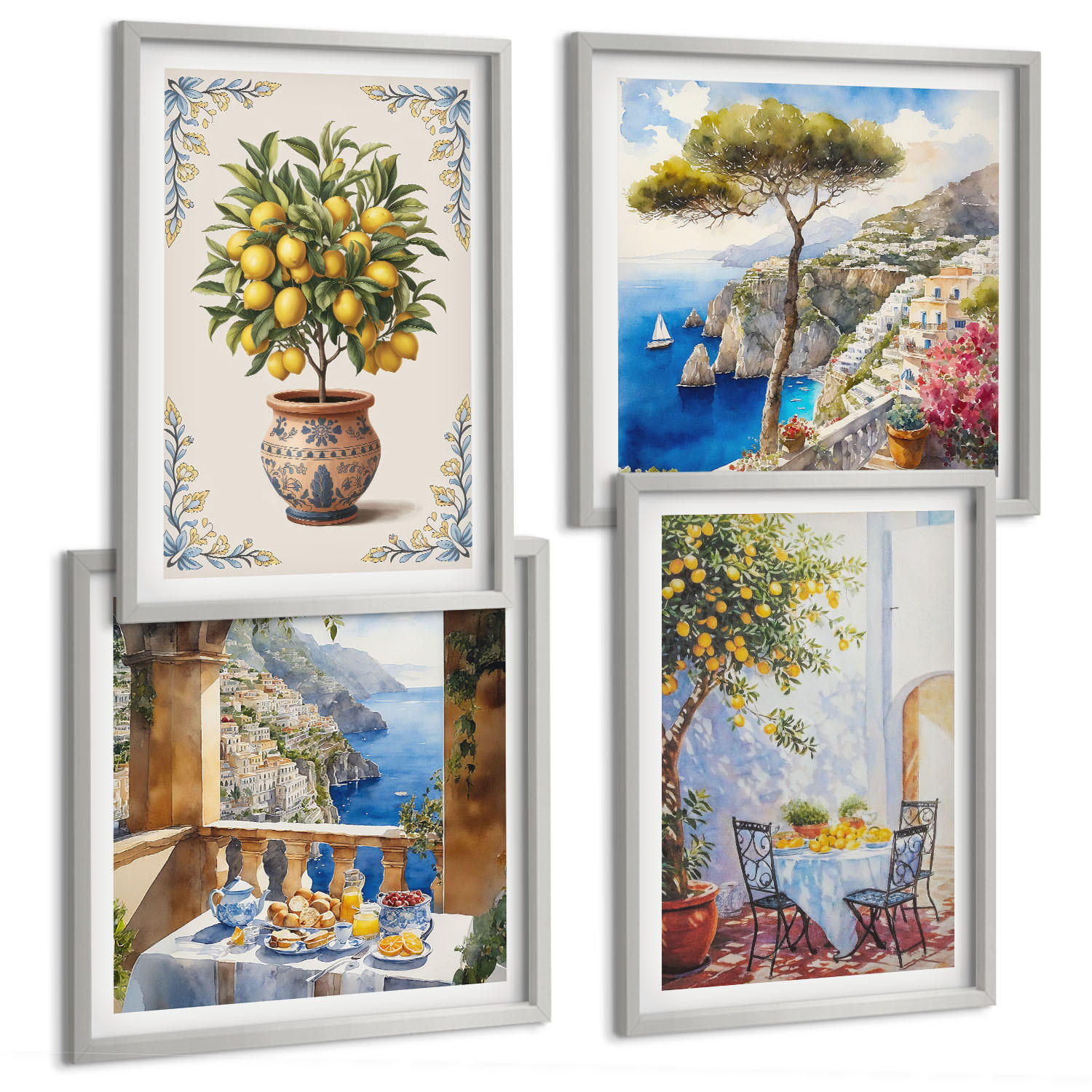 BILDER SET 4er Set - 50x50 cm & 40x60 cm Silberner Rahmen - Tisch aus Zitronenbaum - Silberfarben, Kunststoff (50/50cm) - TULUP