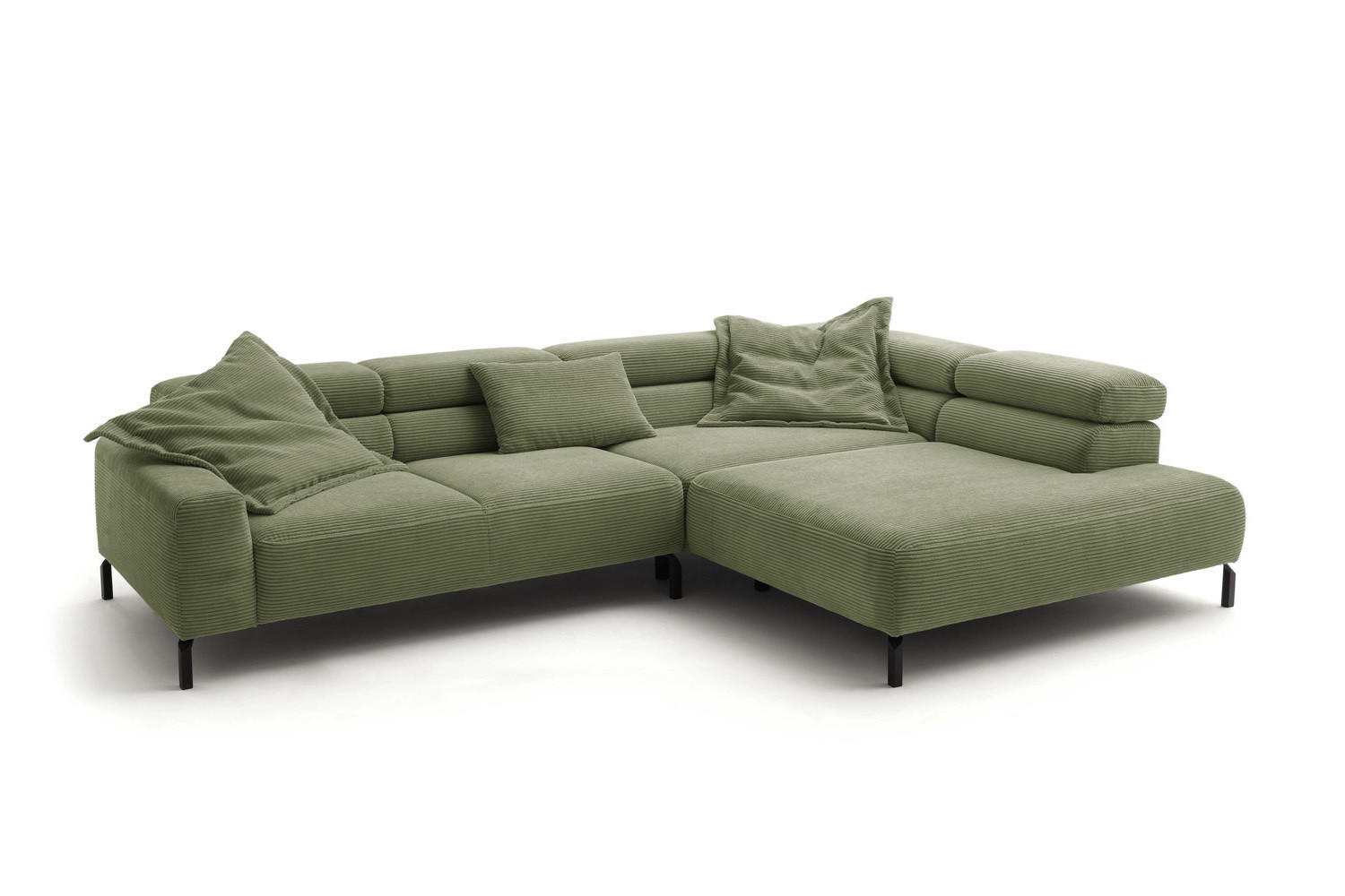 ECKSOFA MIT MOTORISCHEM SITZVORZUG DELIA Grün Cord - Schwarz/Grün, Textil/Metall (312/219cm) - KAWOLA
