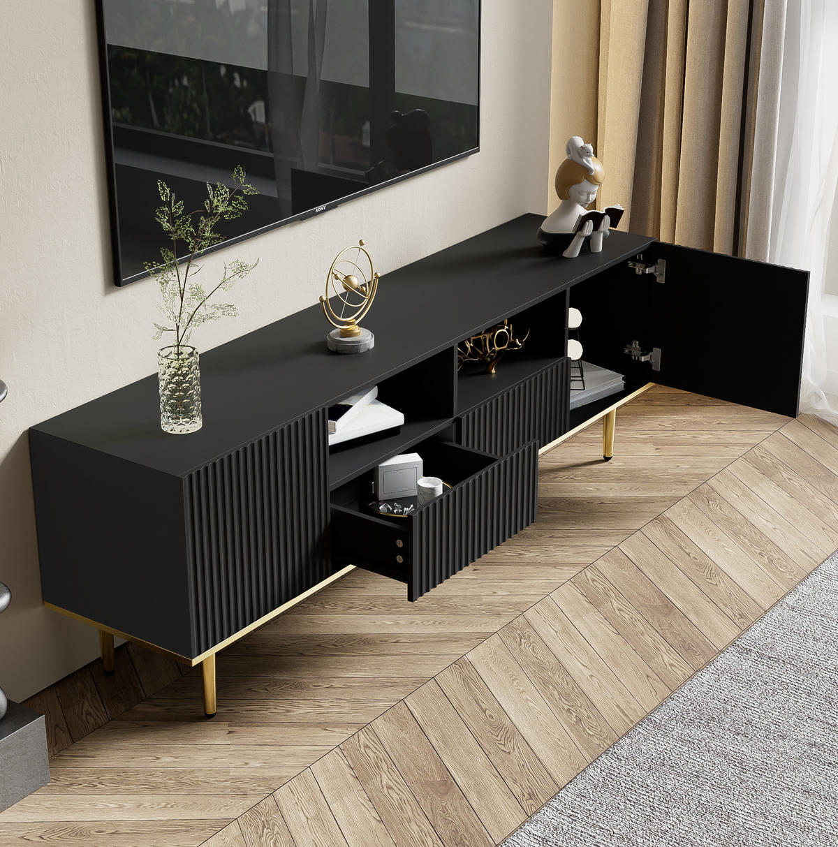 TV-ELEMENT mit 2 Schubladen 165 cm Schwarz/Gold - Schwarz, Holzwerkstoff (36/55/165cm) - Beauniv