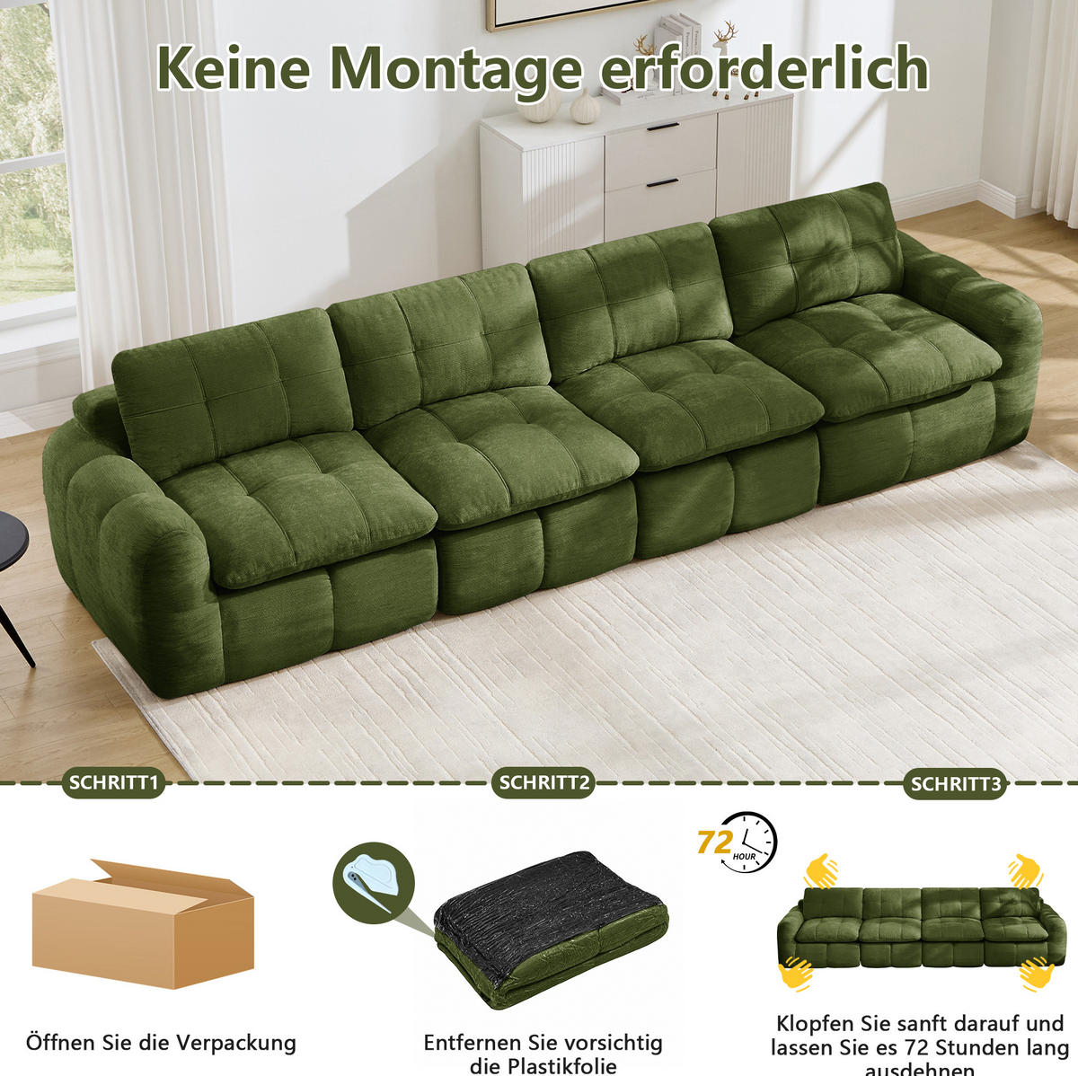 SOFA 334/97/68 cm in Grün aus Chenille, montagefrei und flexibel - Grün, Textil (97/68/334cm) - Flora Grace
