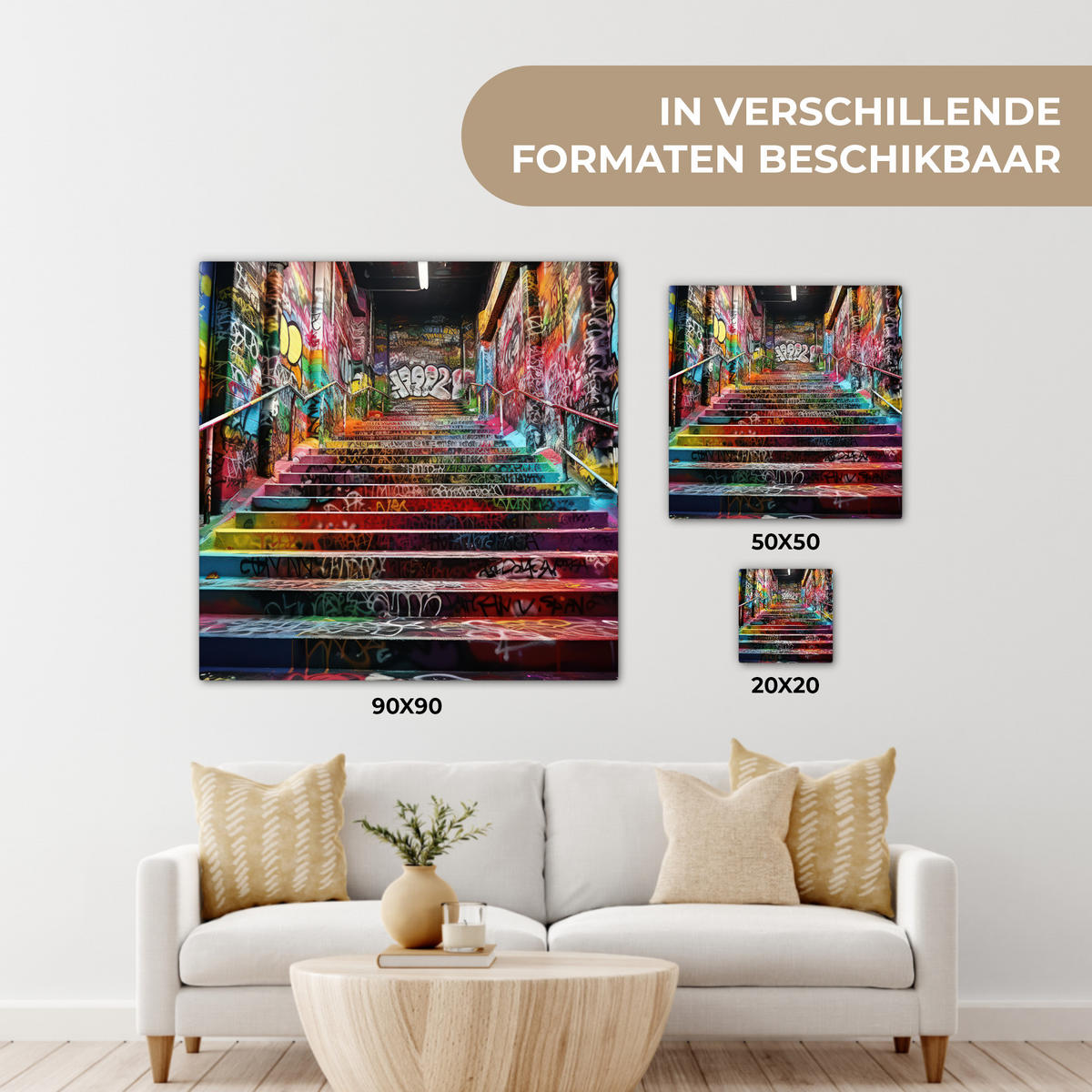 LEINWANDBILD Treppe - Graffiti - Farben - Kunst Deko Wohnzimmer 20x20 cm - Multicolor, Textil (20/20cm) - MuchoWow