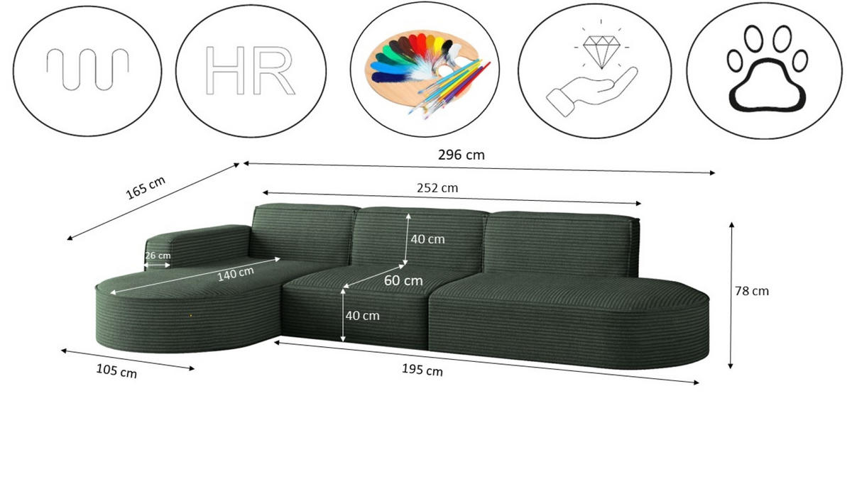 ECKSOFA Designer, Sofa L form MODENA 302 cm stoff Poso Grün Rechts - Grün, Holz (302/296cm) - Kaiser Möbel