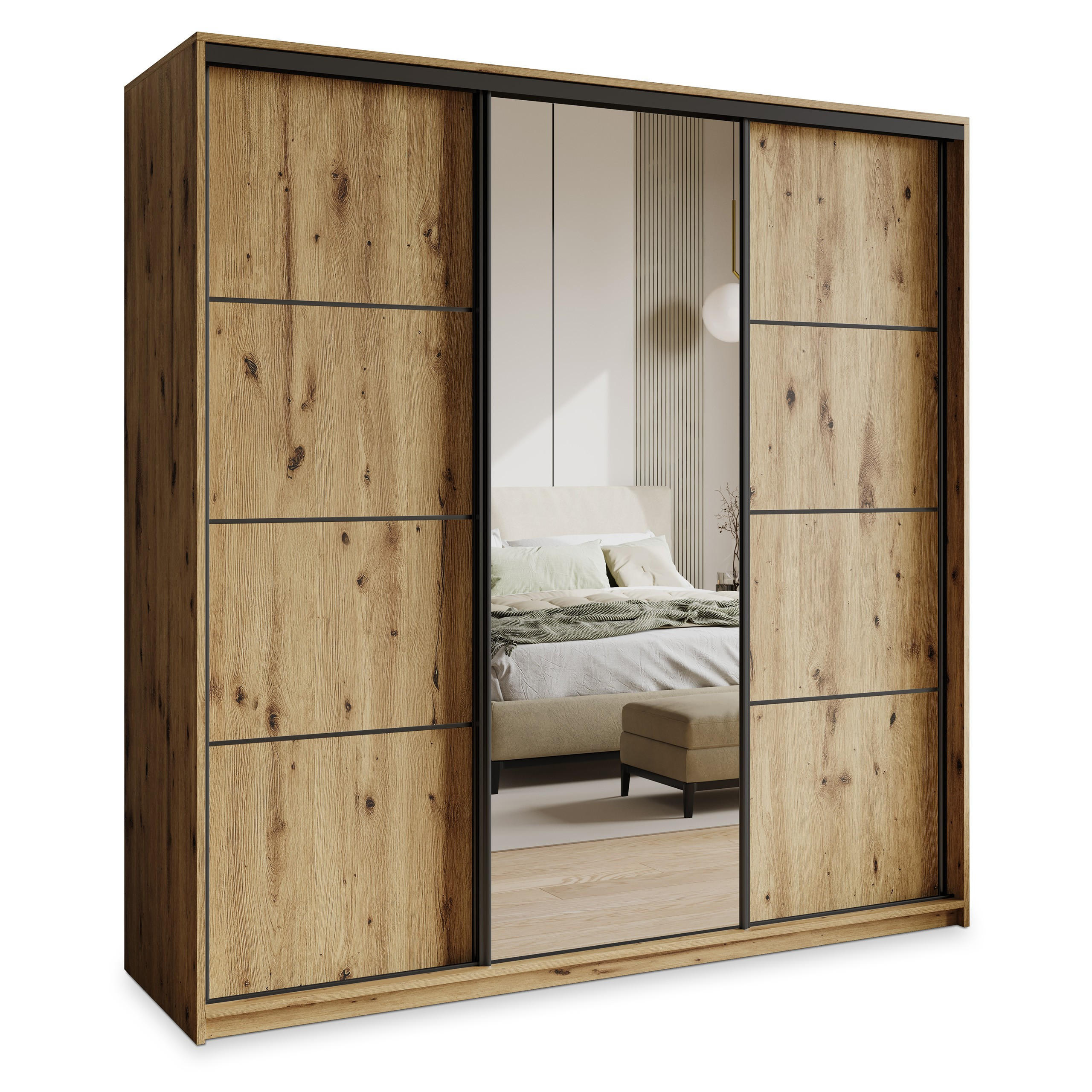 SCHWEBETÜRENSCHRANK VARO 180/205/60 cm 3-türig mit Spiegel und Schubladen Eiche Artisan - Schwarz/Eiche Artisan, Holzwerkstoff (180/205/60cm) - MASSENO