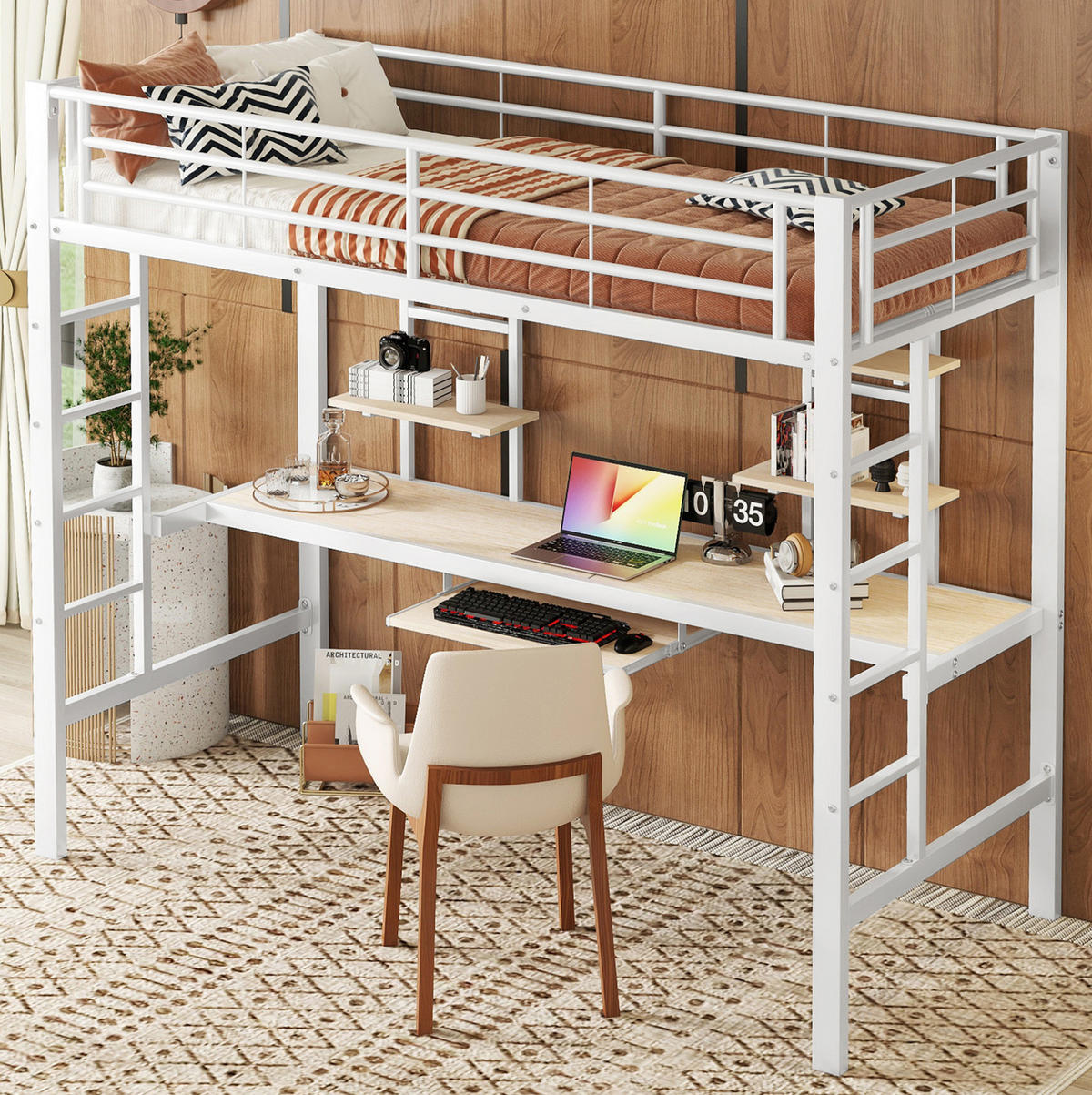 HOCHBETT 90/200 cm in Weiß mit Schreibtisch und 2 Regalen aus Metall - Weiß, Metall (90/200cm) - Flora Grace