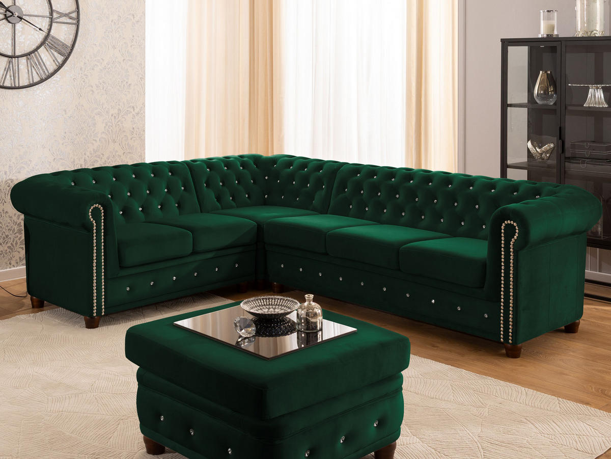 ECKSOFA Chesterfield Cleo Blink Flasche Grün Samt mit Kristallsteppung und braunen Massivholzfüßen - Ottomane Links - Braun/Grün, Holz/Textil (264/210cm) - S-Style Möbel