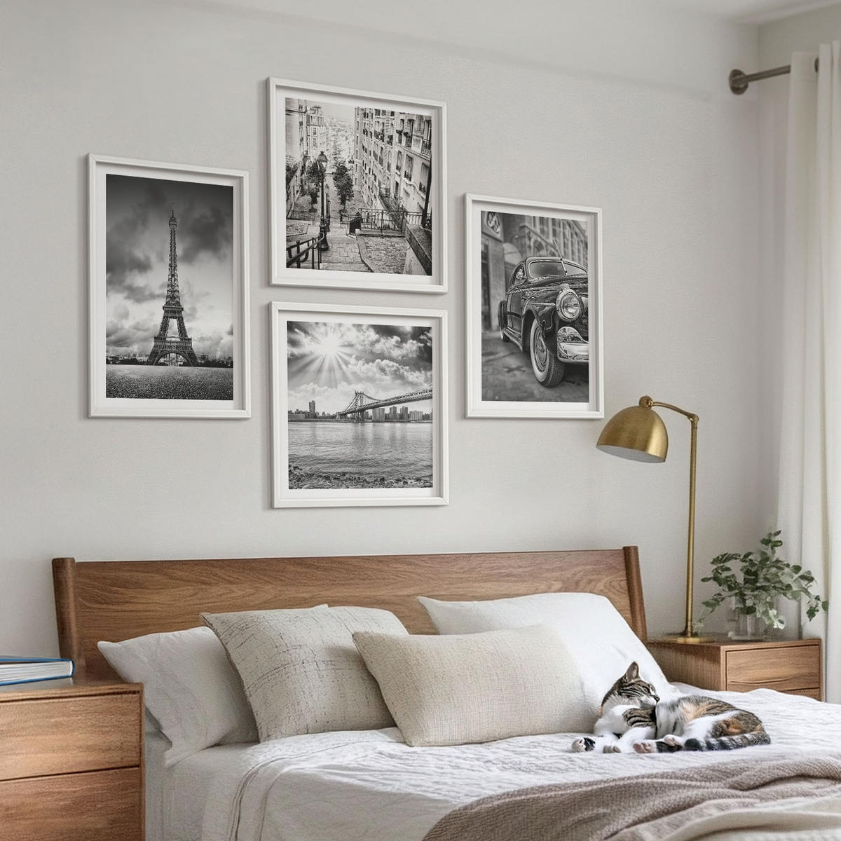 BILDER SET 4er Set - 50x50 cm & 40x60 cm Weißer Rahmen - Stadtansichten, Brücken, Eiffelturm, Auto - Weiß, Kunststoff (50/50cm) - TULUP