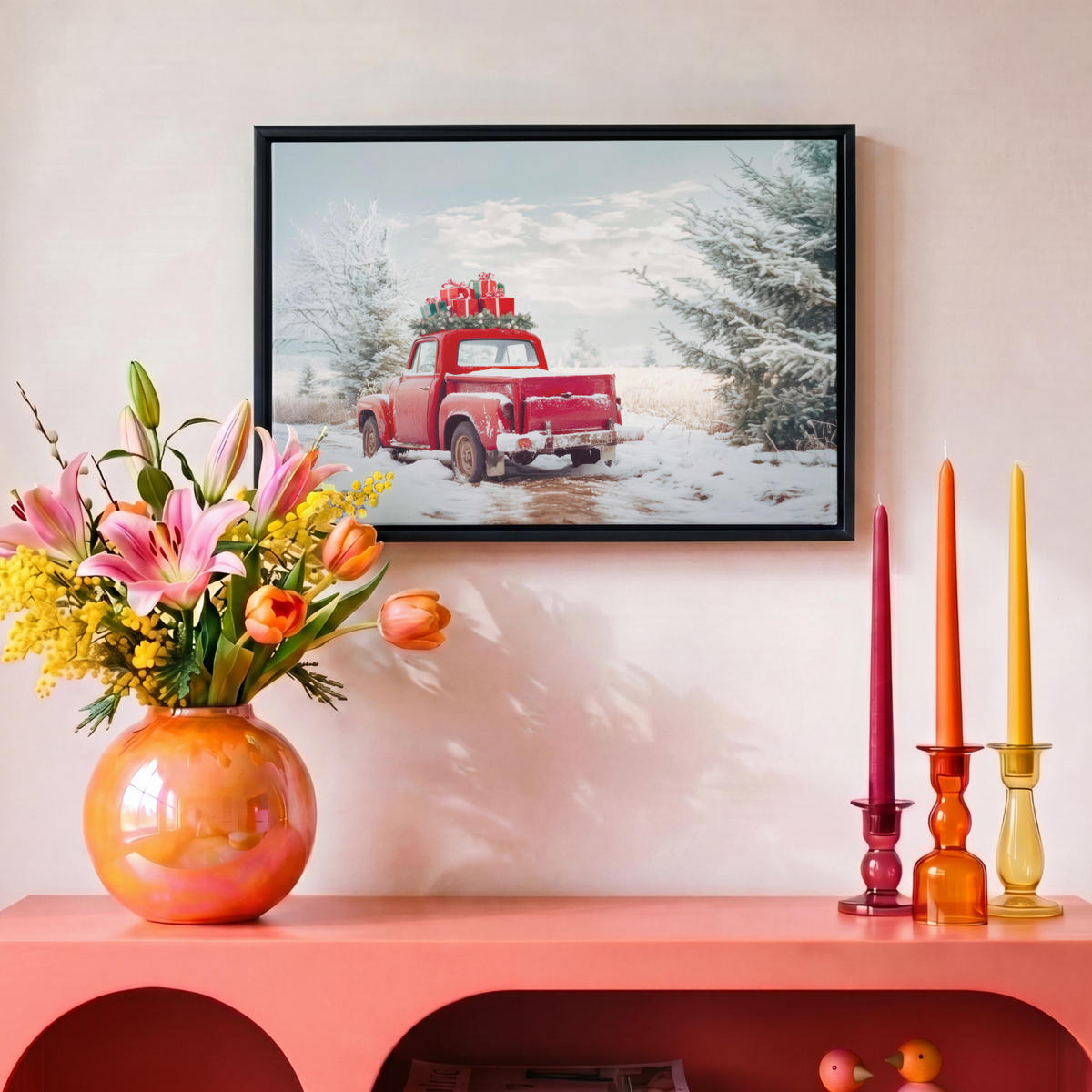 LEINWAND Bilder mit Rahmen - Auto - Rot - Geschenke - Winter - Schnee - Weihnachten - 30x20 - Rot, Textil (30/20cm) - MuchoWow