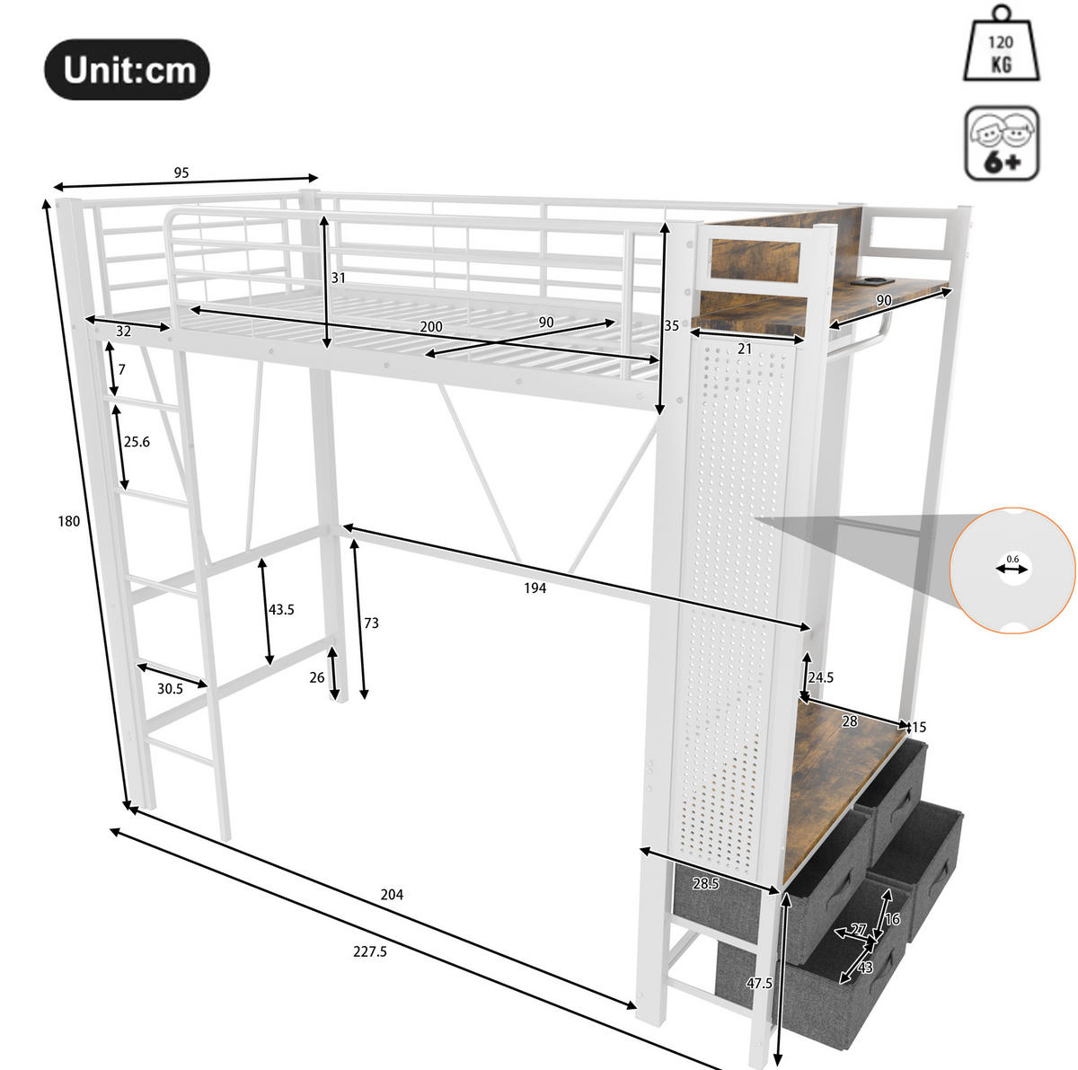 HOCHBETT aus Metall und MDF 90x200 cm Weiß mit LED, USB-C, Steckdose, Lochbrett, Hängestange und 4 Schubladen - Weiß, Metall (90/200cm) - Modfu