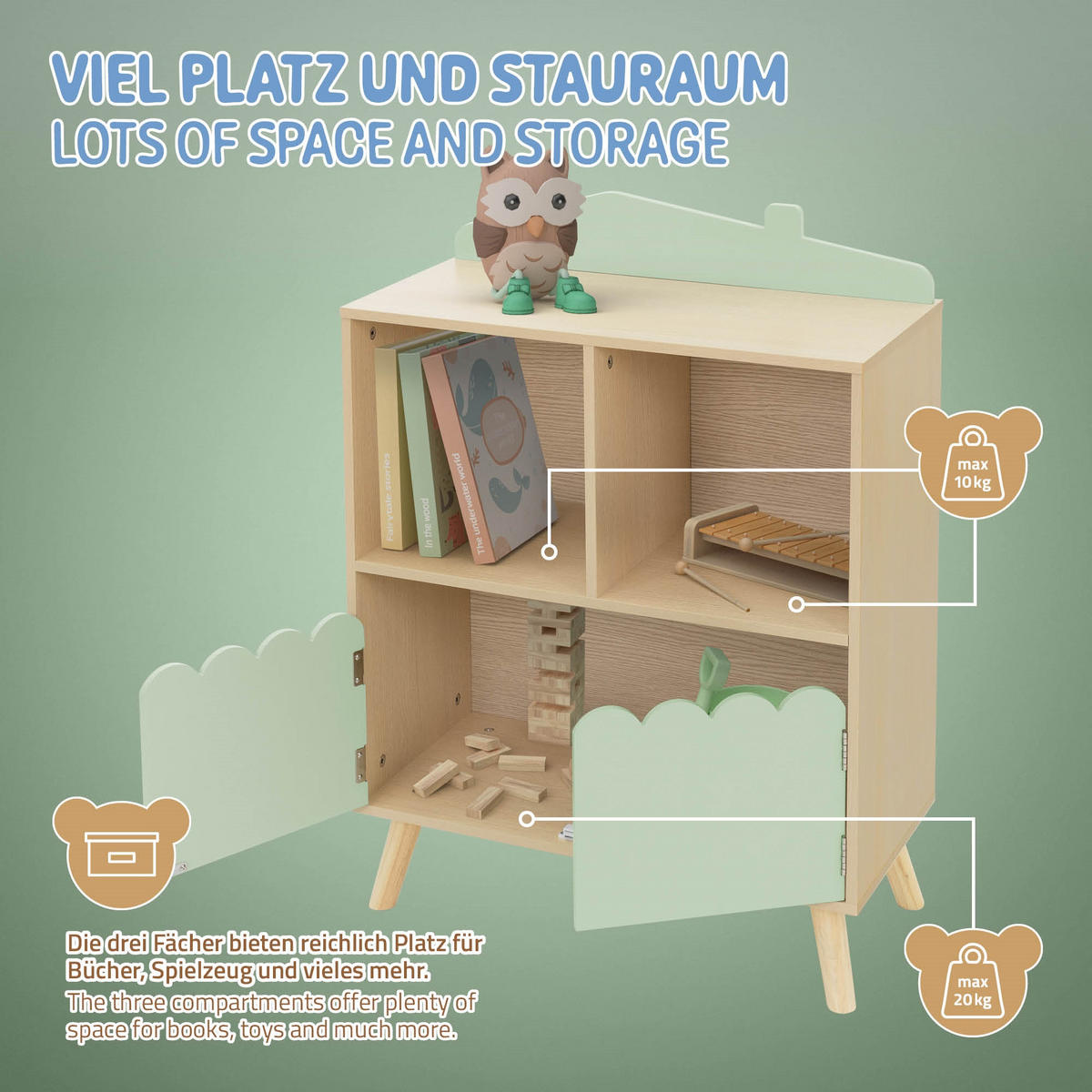 KINDERREGAL Haus-Design, Grün/Natur - Naturfarben, Holz (60/82/30cm) - Joyz