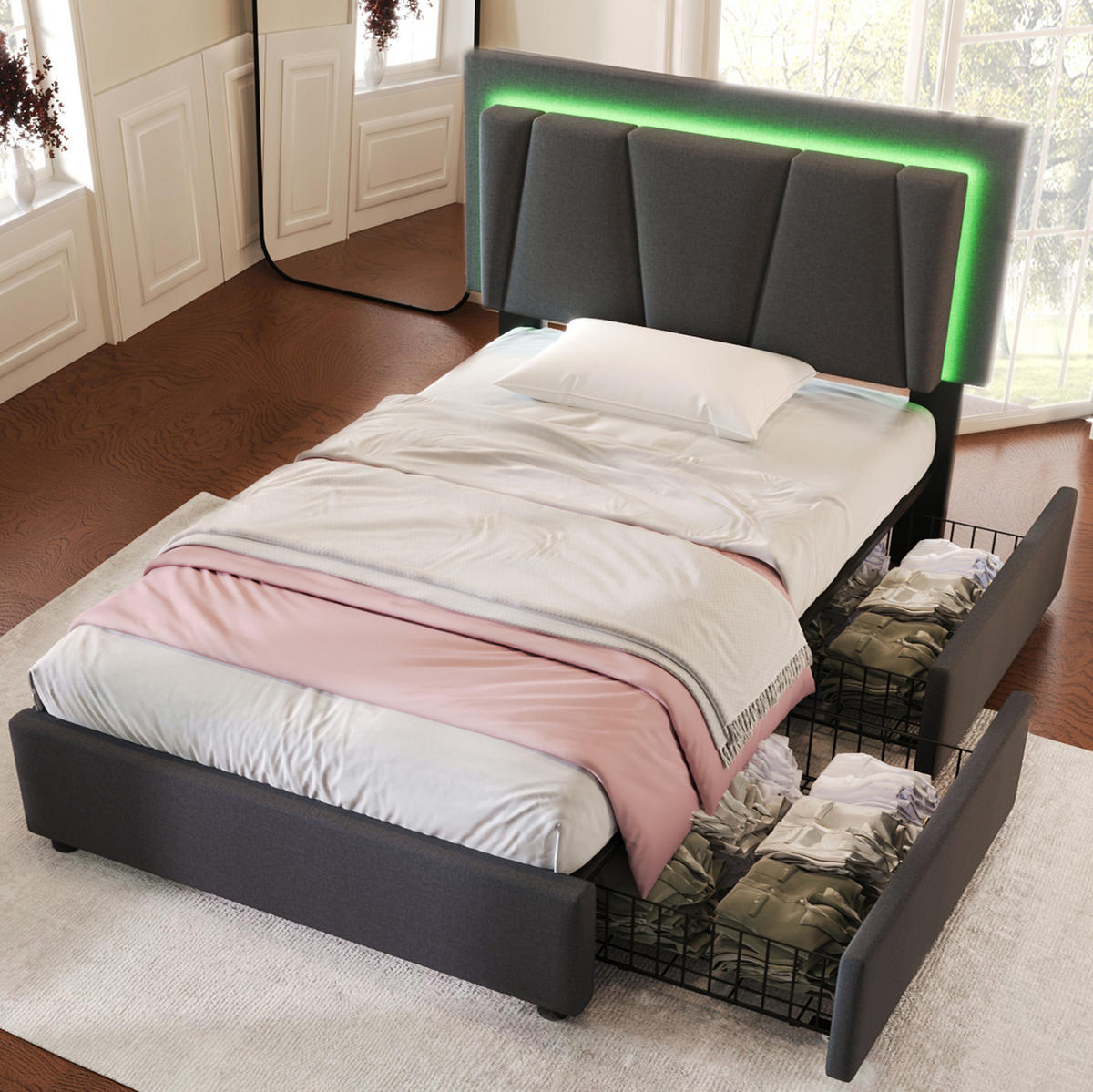 POLSTERBETT aus Holz, Leinen und Metall 90x200 cm Grau mit LED-Beleuchtung und 2 Schubladen - Grau, Holz (90/200cm) - IVMEU