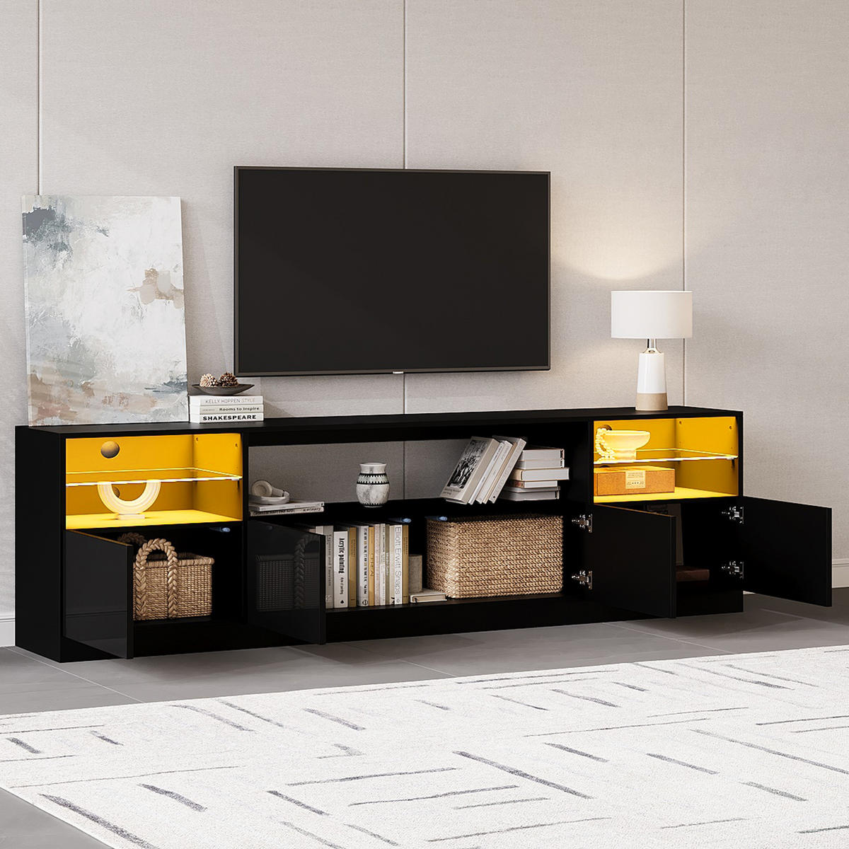 TV-SCHRANK LED Schwarz Hochglanz 4 Türen 8 Fächer 75 Zoll 180cm - Schwarz, Holzwerkstoff (180/60/35cm) - FLIEKS