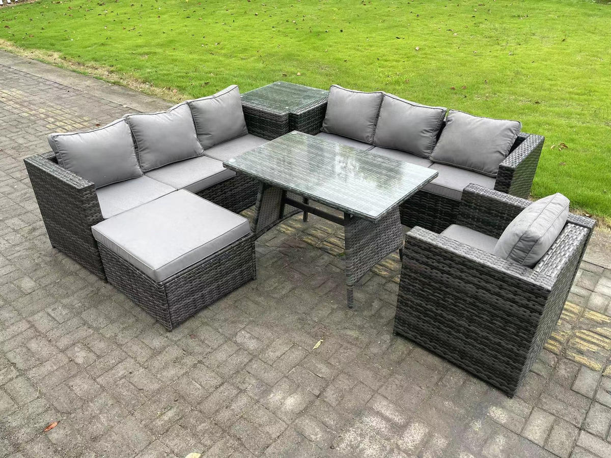 GARTENMÖBELSET mit Esstisch,Stuhl 8-Sitzer Grau - Dunkelgrau/Grau, Glas/Kunststoff - Fimous