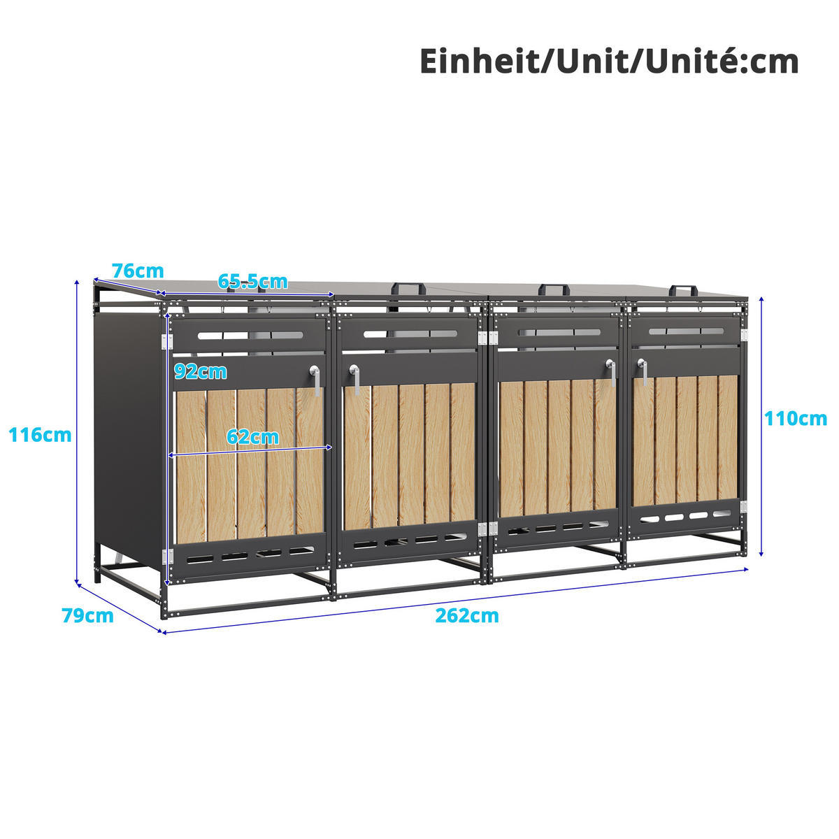 MÜLLTONNENBOX 4er Set Hydraulik Deckel Holzoptik Schloss - Schwarz, Metall (262/116/79cm) - LEBENLANG